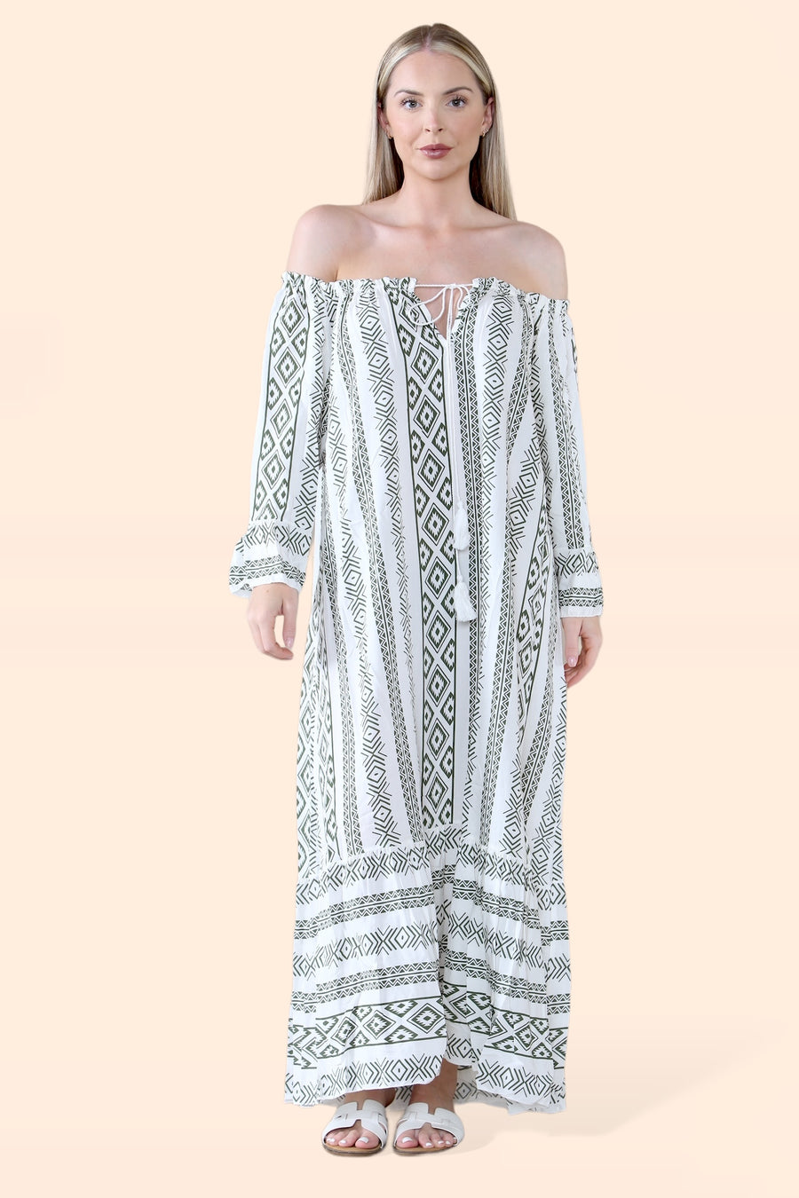 Aztec Print Off Shoulder Maxi Dress with Neck Tassel Strings