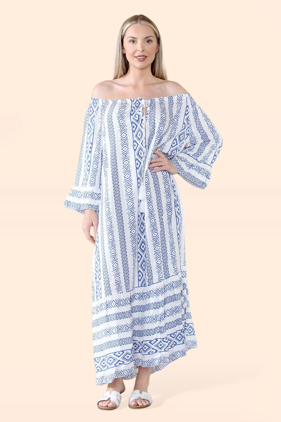 Aztec Print Off Shoulder Maxi Dress with Neck Tassel Strings