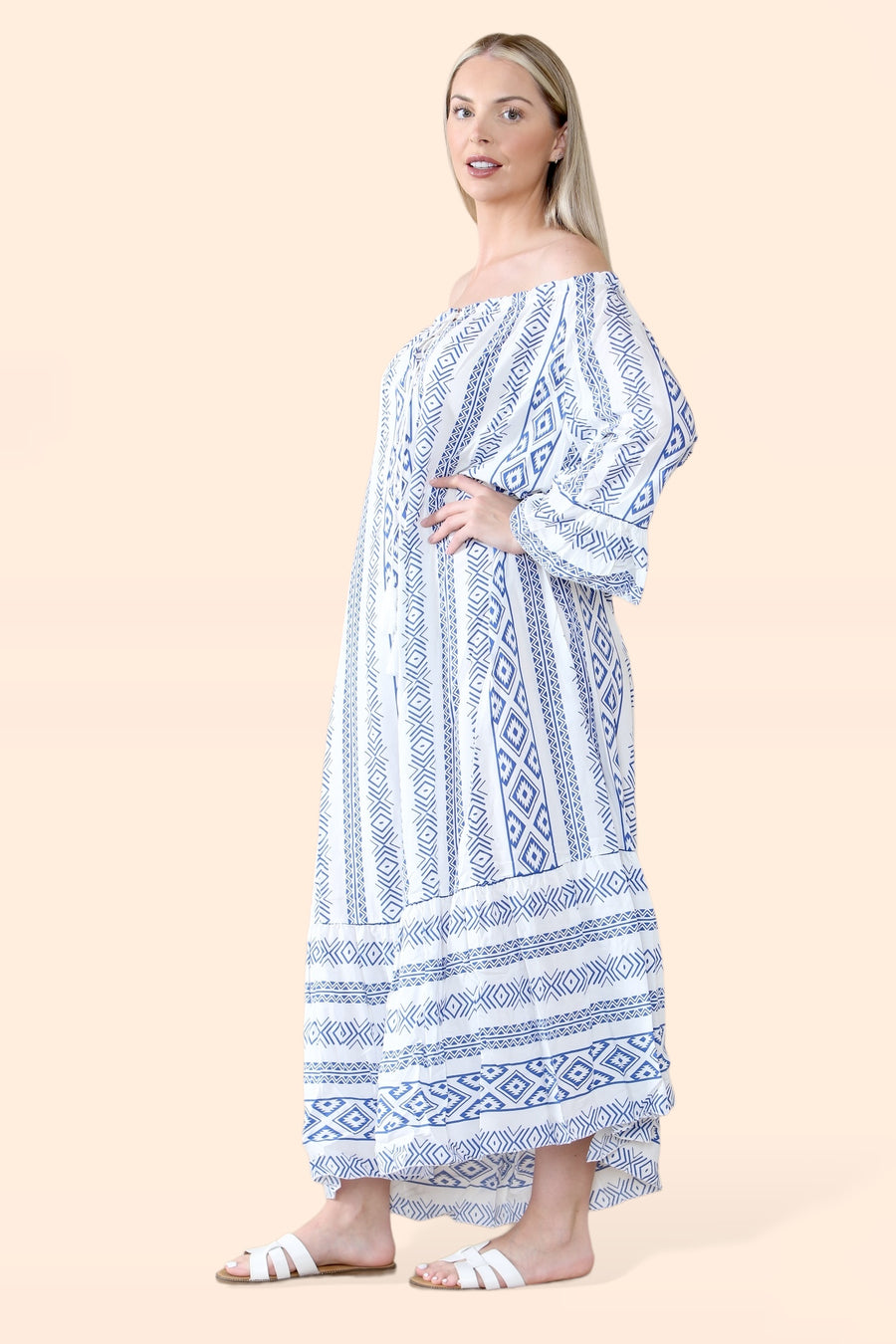 Aztec Print Off Shoulder Maxi Dress with Neck Tassel Strings