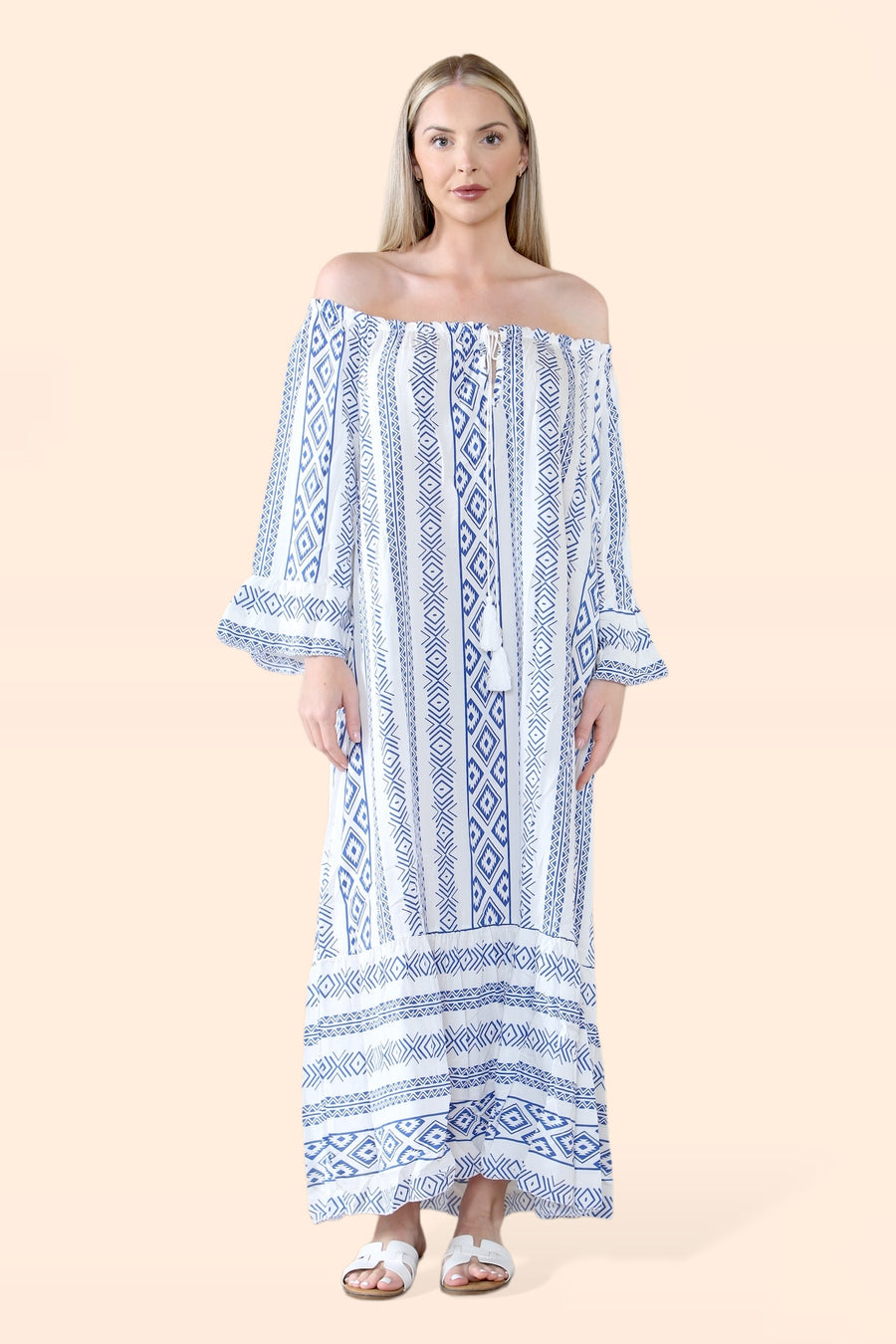 Aztec Print Off Shoulder Maxi Dress with Neck Tassel Strings