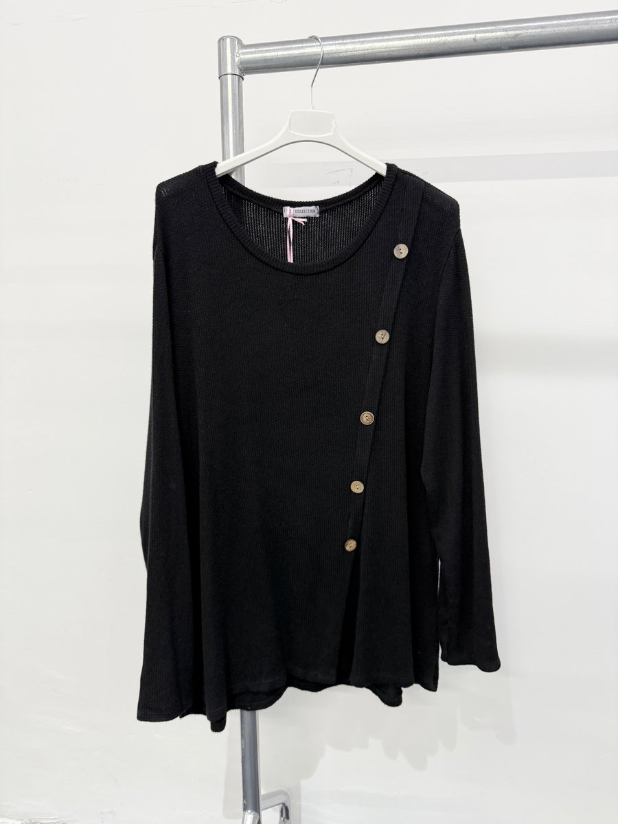 WOOL BLEND LIGHTWEIGHT KNIT TOP WITH DECORATIVE WOODEN BUTTONS