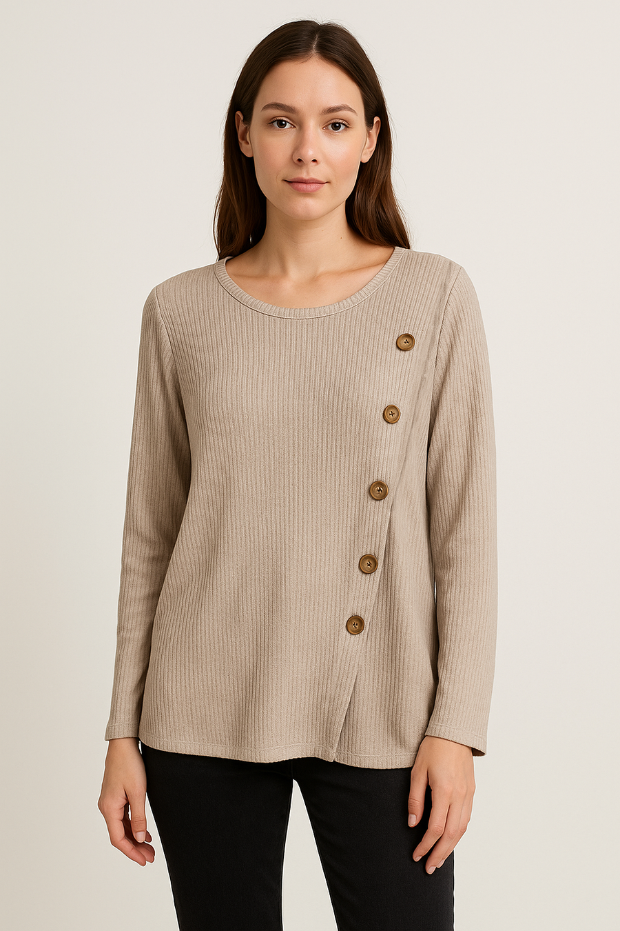 WOOL BLEND LIGHTWEIGHT KNIT TOP WITH DECORATIVE WOODEN BUTTONS