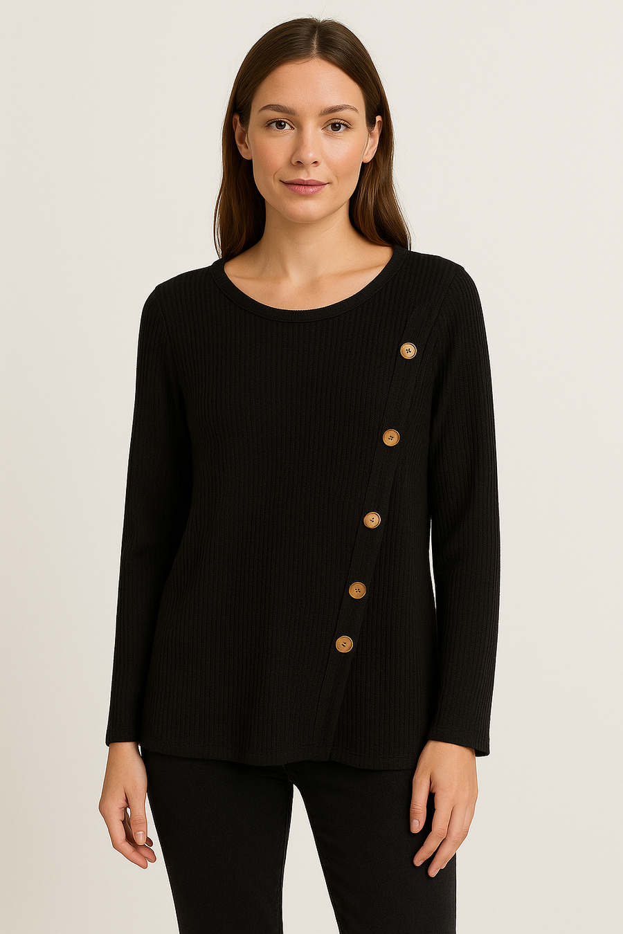 WOOL BLEND LIGHTWEIGHT KNIT TOP WITH DECORATIVE WOODEN BUTTONS