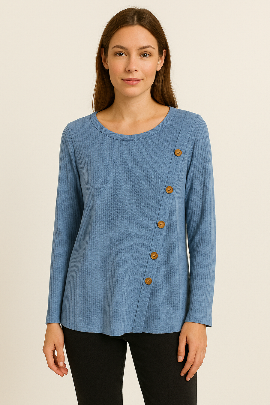 WOOL BLEND LIGHTWEIGHT KNIT TOP WITH DECORATIVE WOODEN BUTTONS