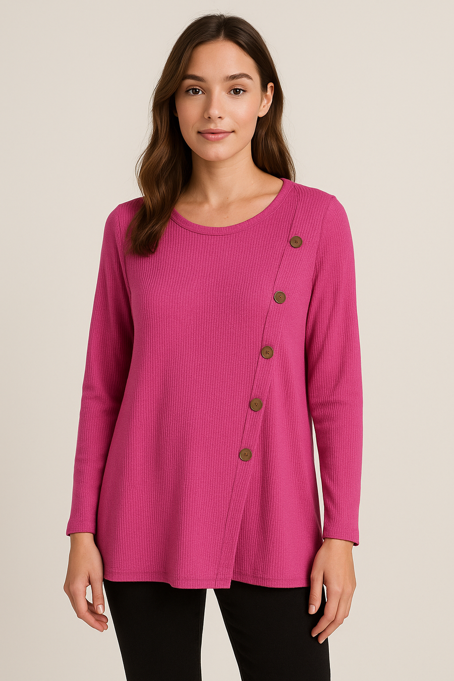 WOOL BLEND LIGHTWEIGHT KNIT TOP WITH DECORATIVE WOODEN BUTTONS