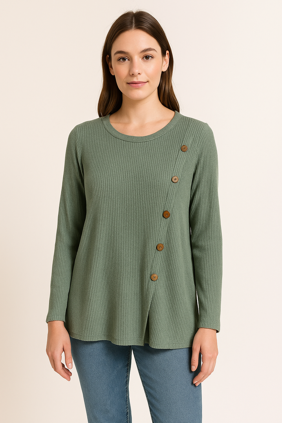 WOOL BLEND LIGHTWEIGHT KNIT TOP WITH DECORATIVE WOODEN BUTTONS