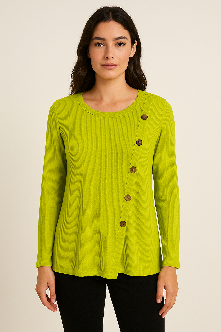 WOOL BLEND LIGHTWEIGHT KNIT TOP WITH DECORATIVE WOODEN BUTTONS