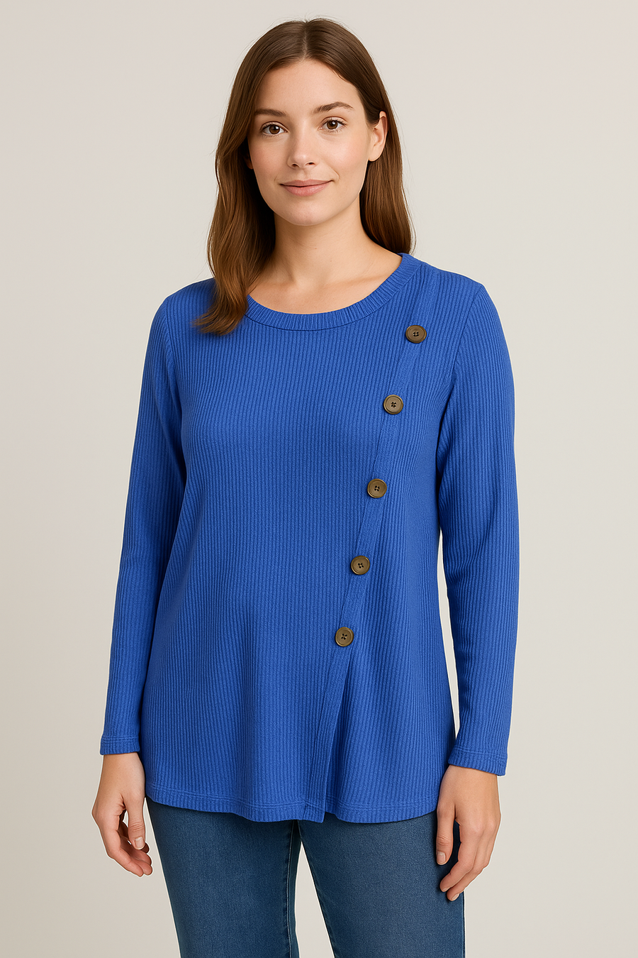 WOOL BLEND LIGHTWEIGHT KNIT TOP WITH DECORATIVE WOODEN BUTTONS