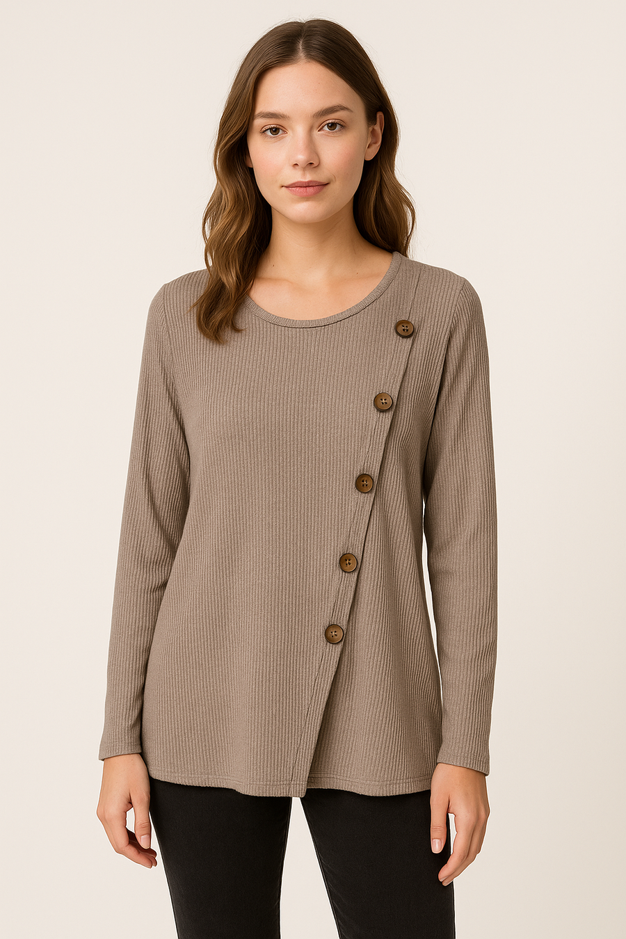 WOOL BLEND LIGHTWEIGHT KNIT TOP WITH DECORATIVE WOODEN BUTTONS