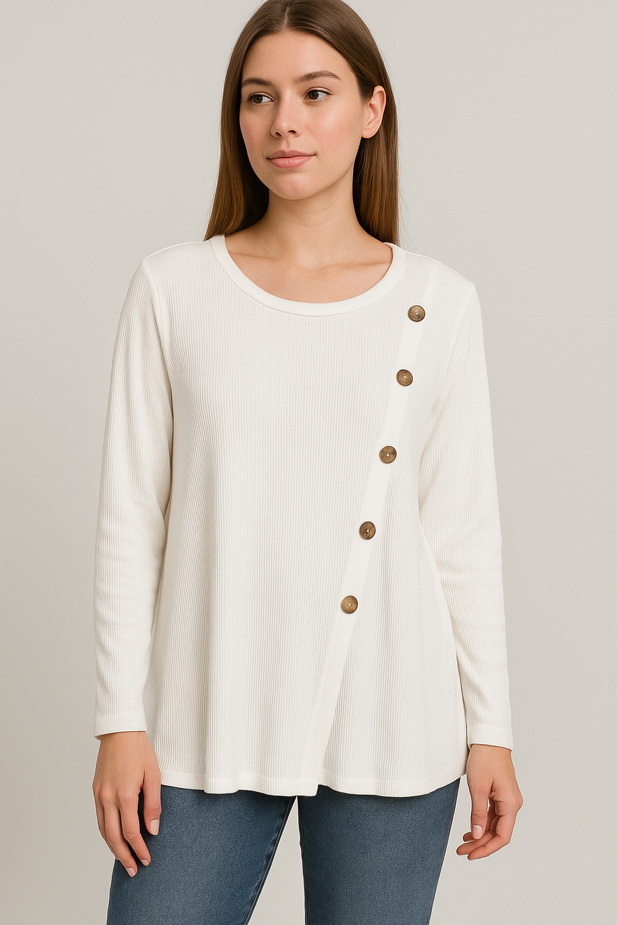 WOOL BLEND LIGHTWEIGHT KNIT TOP WITH DECORATIVE WOODEN BUTTONS