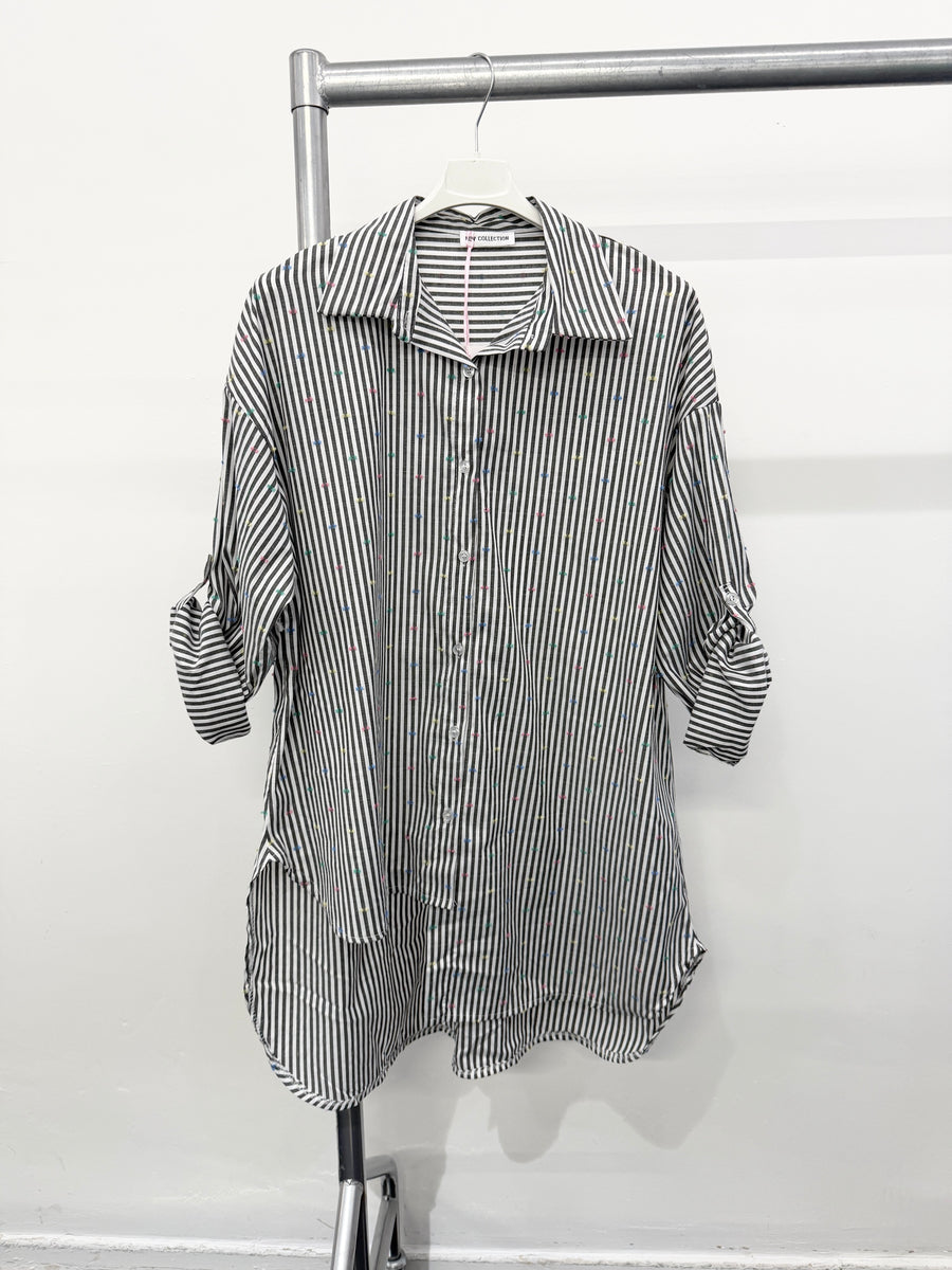 COTTON ASYMMETRIC STRIPED SHIRT WITH MULTI COLOUR STITCHES