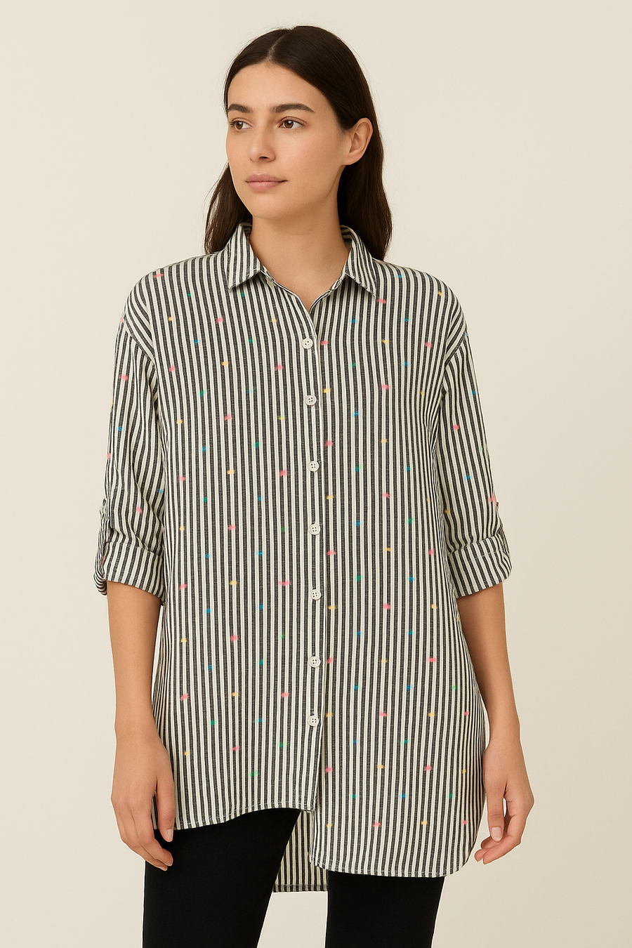 COTTON ASYMMETRIC STRIPED SHIRT WITH MULTI COLOUR STITCHES