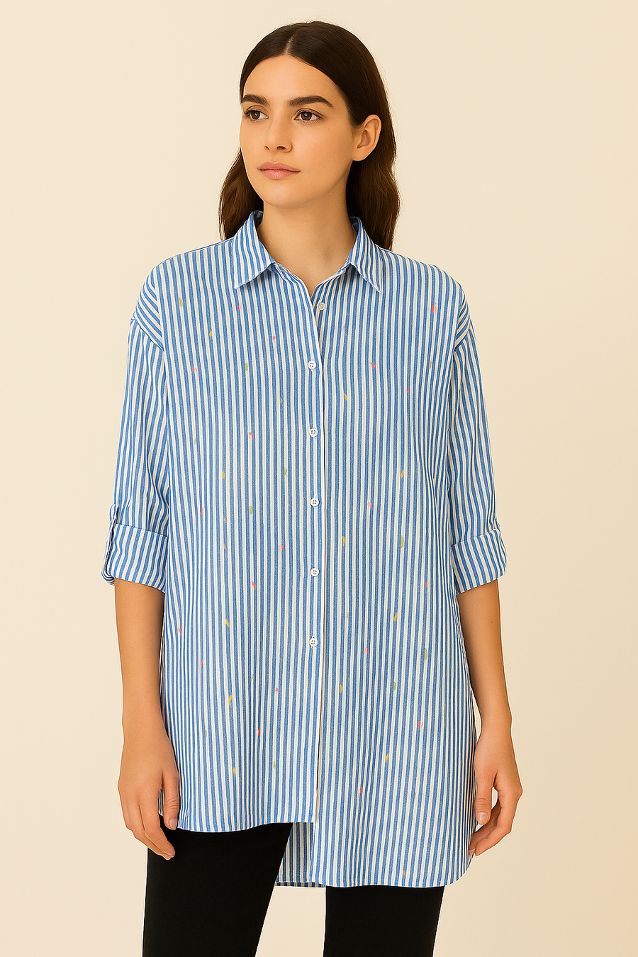 COTTON ASYMMETRIC STRIPED SHIRT WITH MULTI COLOUR STITCHES