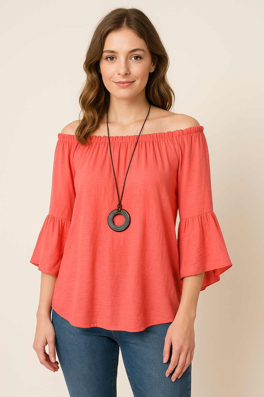BELL SLEEVE OFF SHOULDER TOP WITH NECKLACE