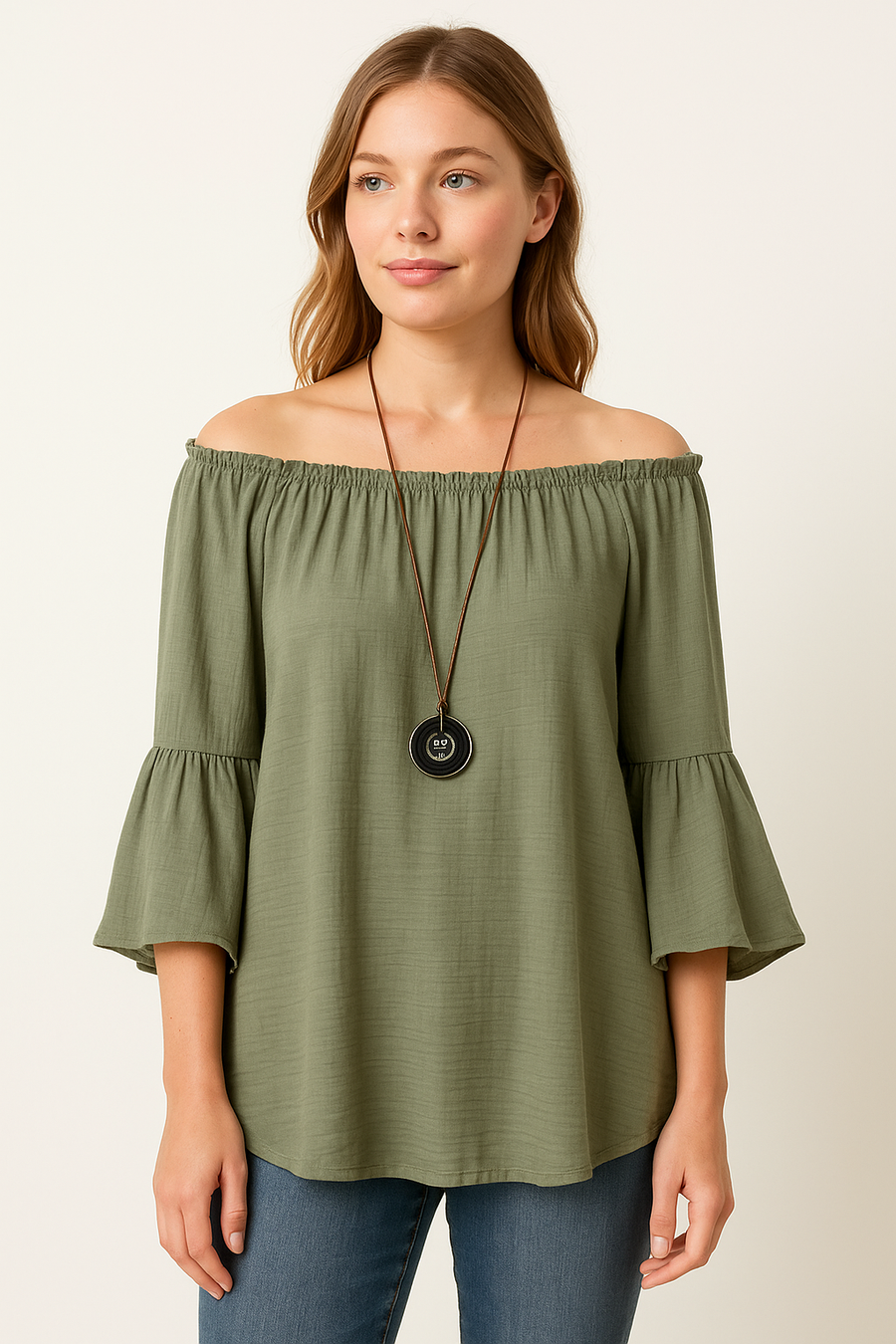 BELL SLEEVE OFF SHOULDER TOP WITH NECKLACE