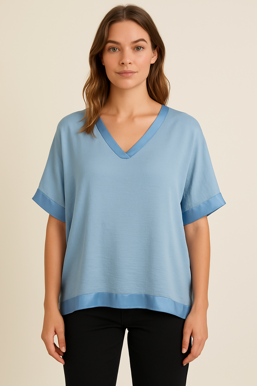 SATIN HEM V NECK TOP