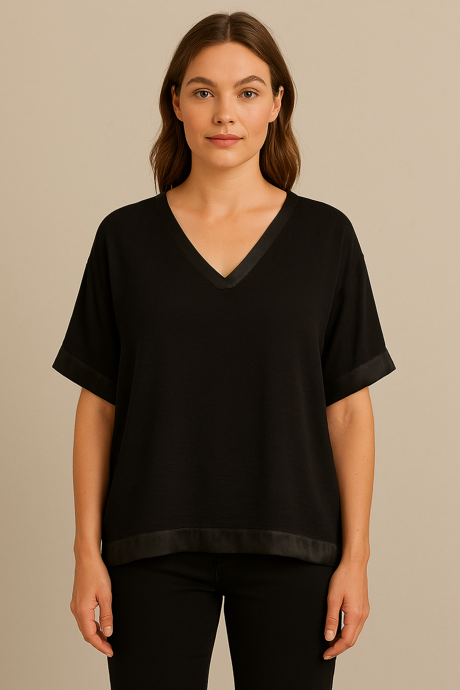 SATIN HEM V NECK TOP