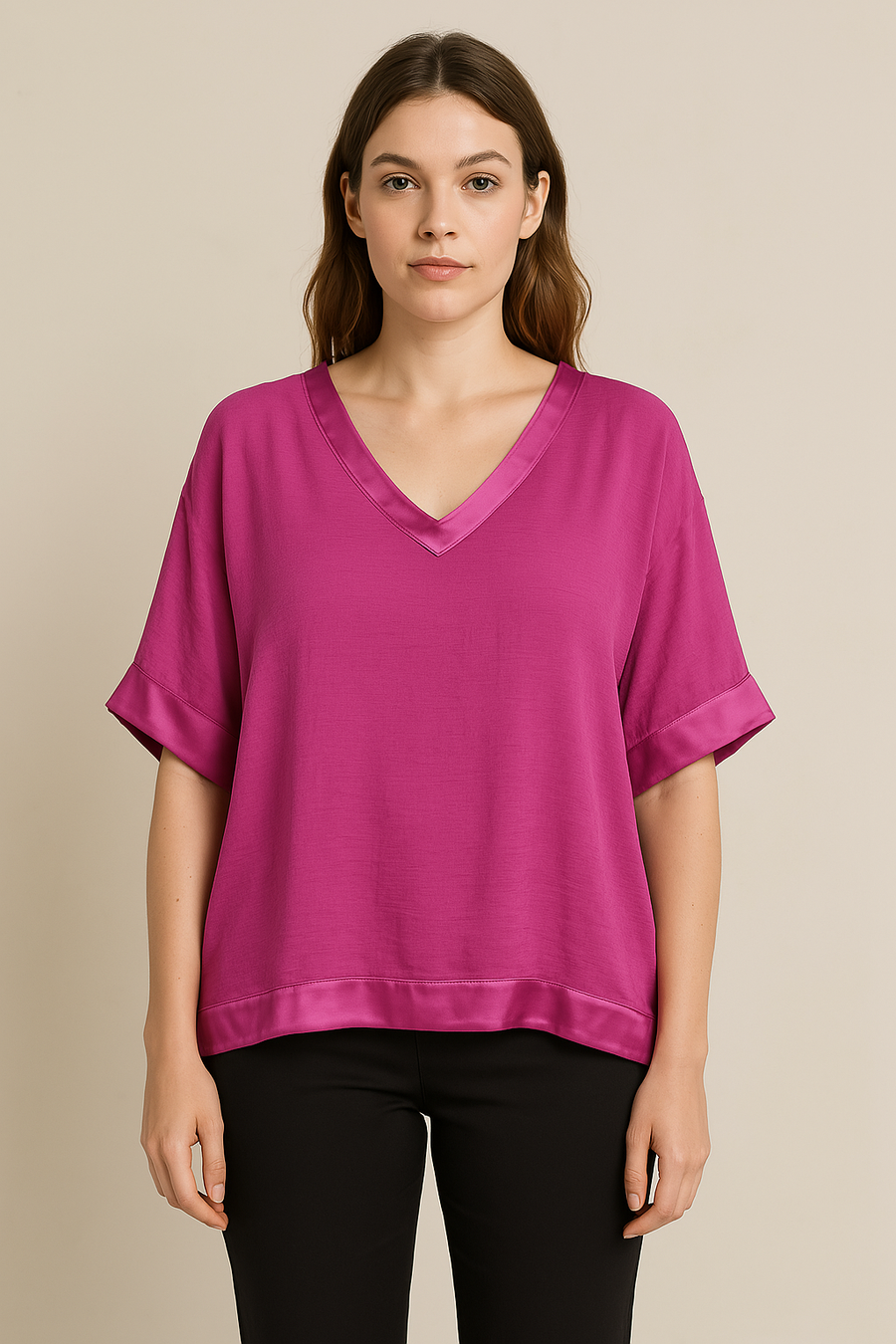 SATIN HEM V NECK TOP