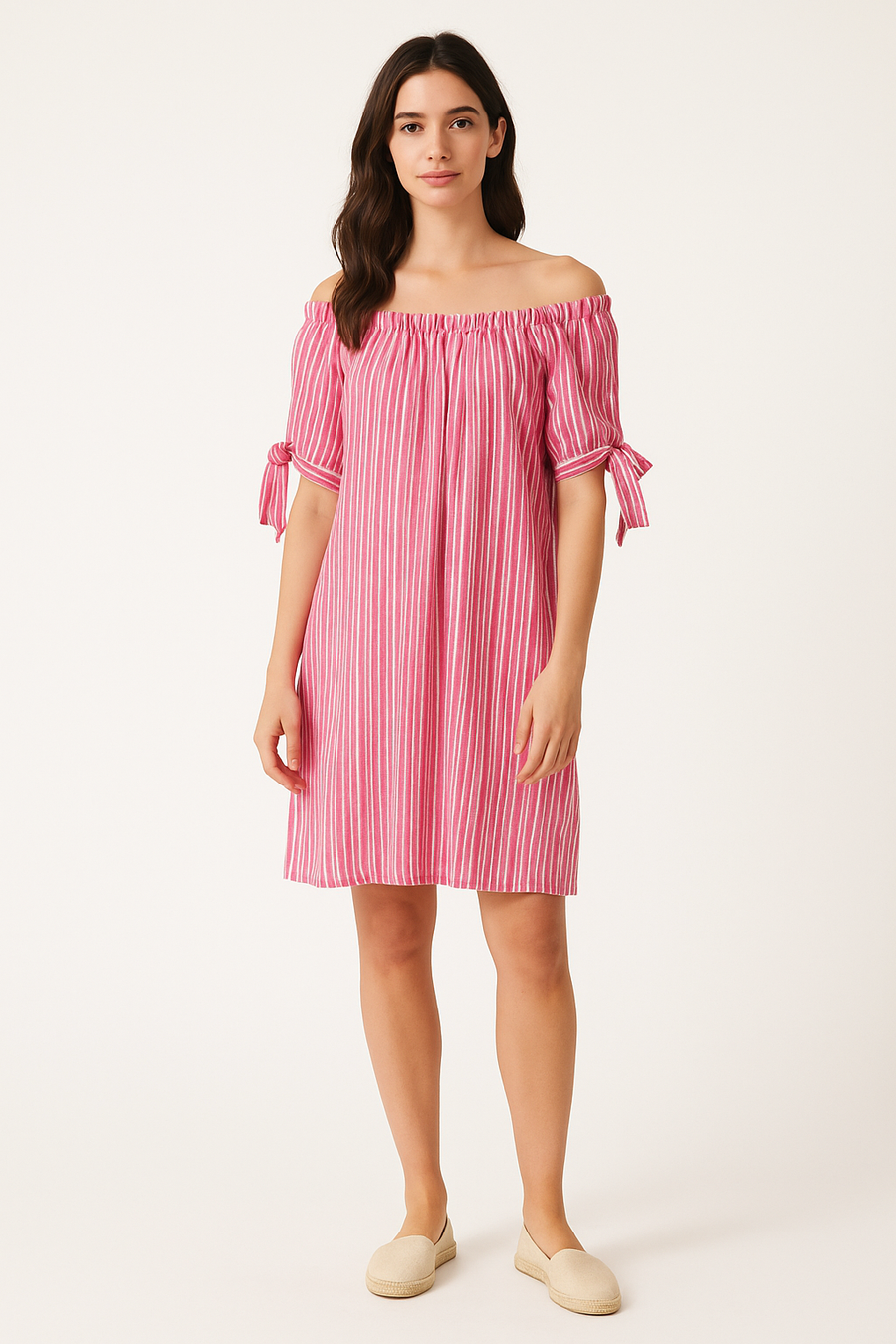 OFF SHOULDERS 100% COTTON STRIPED DRESS