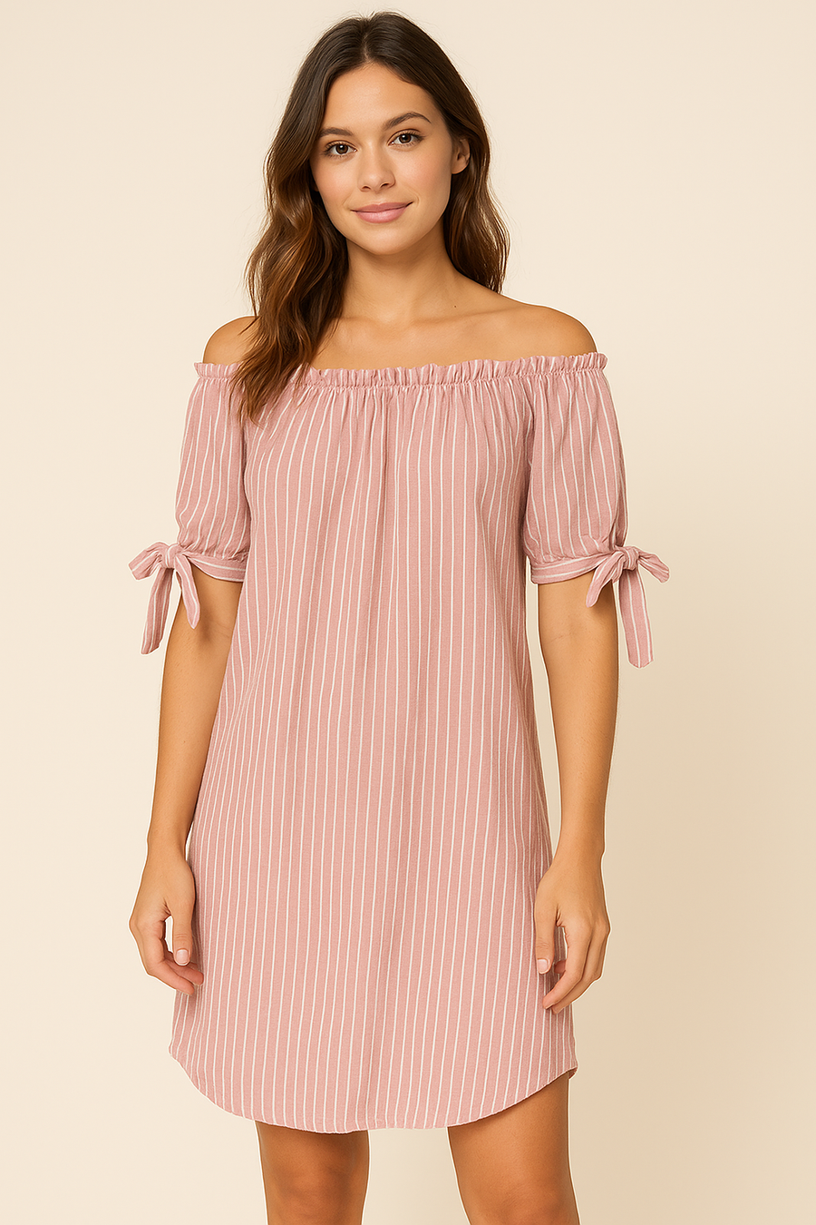 OFF SHOULDERS 100% COTTON STRIPED DRESS