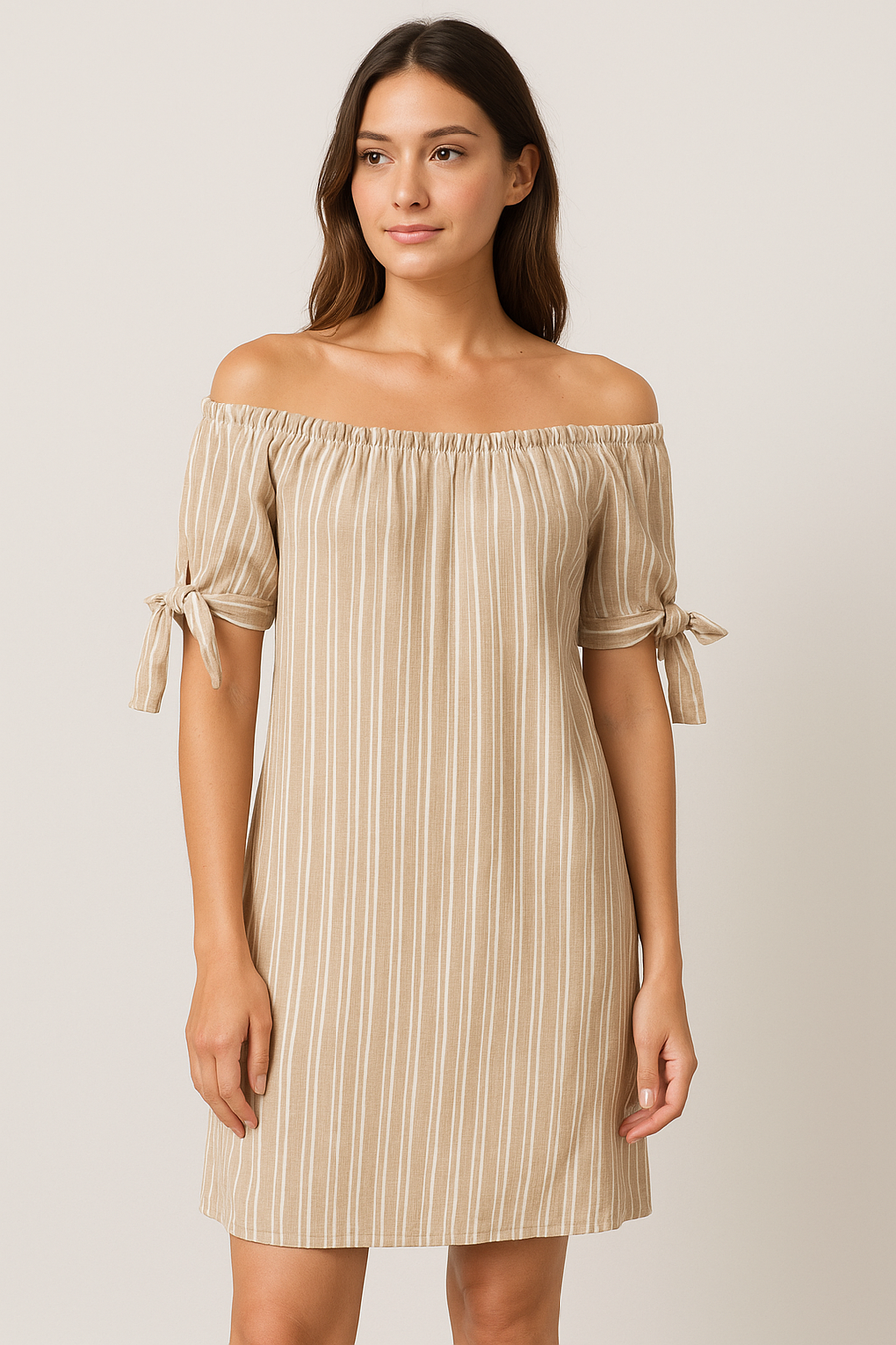 OFF SHOULDERS 100% COTTON STRIPED DRESS