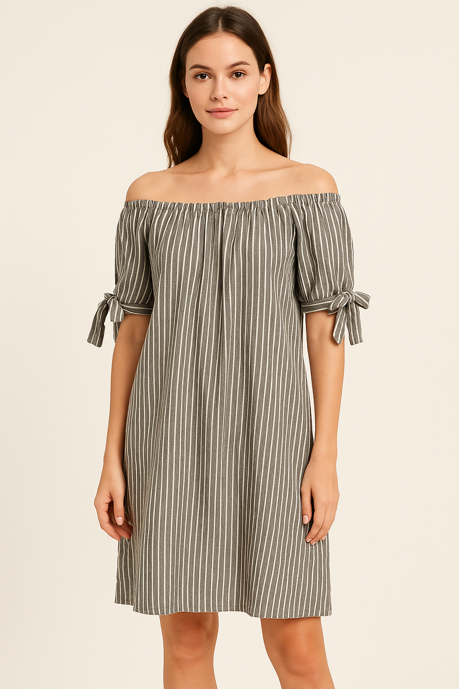 OFF SHOULDERS 100% COTTON STRIPED DRESS