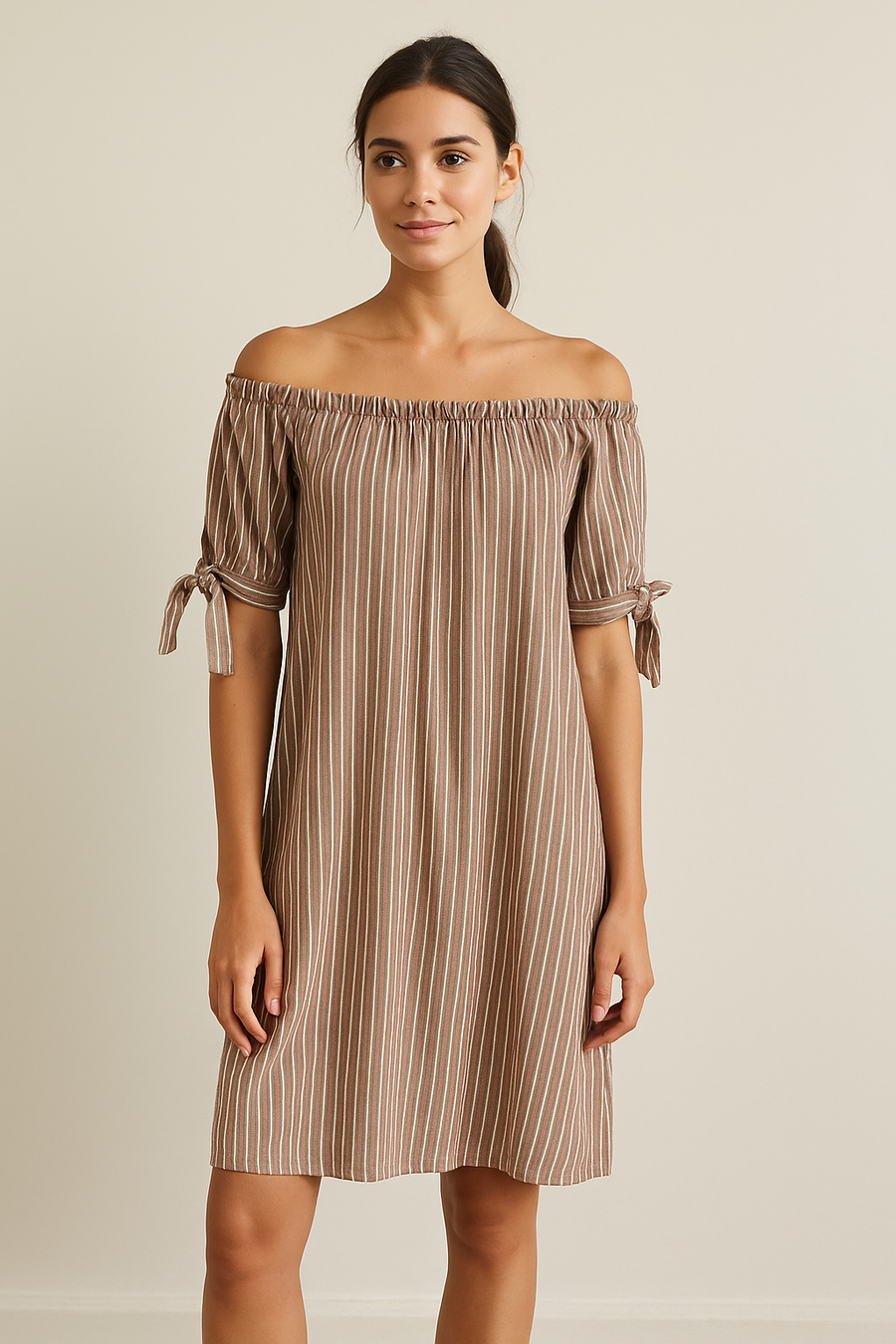 OFF SHOULDERS 100% COTTON STRIPED DRESS