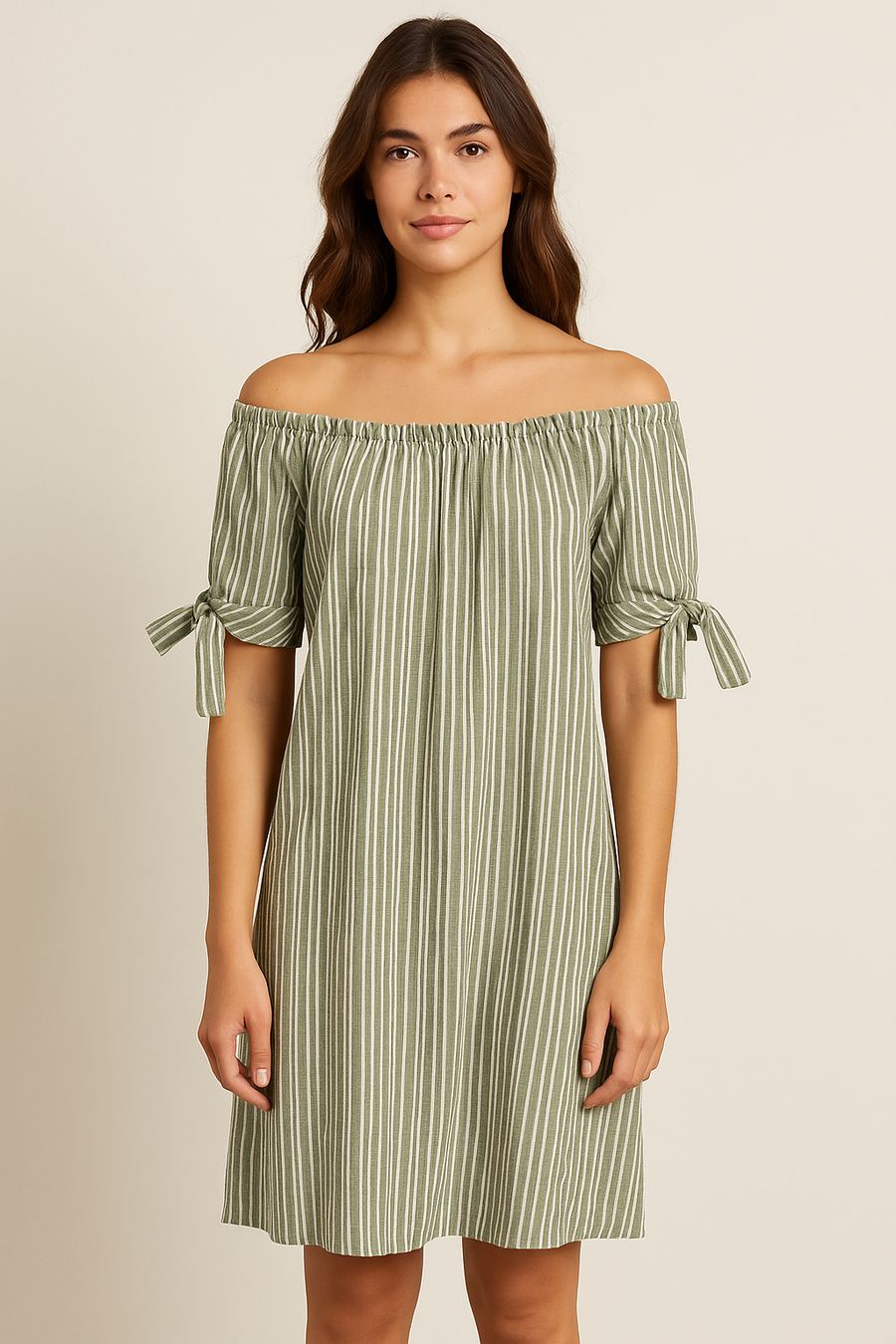 OFF SHOULDERS 100% COTTON STRIPED DRESS