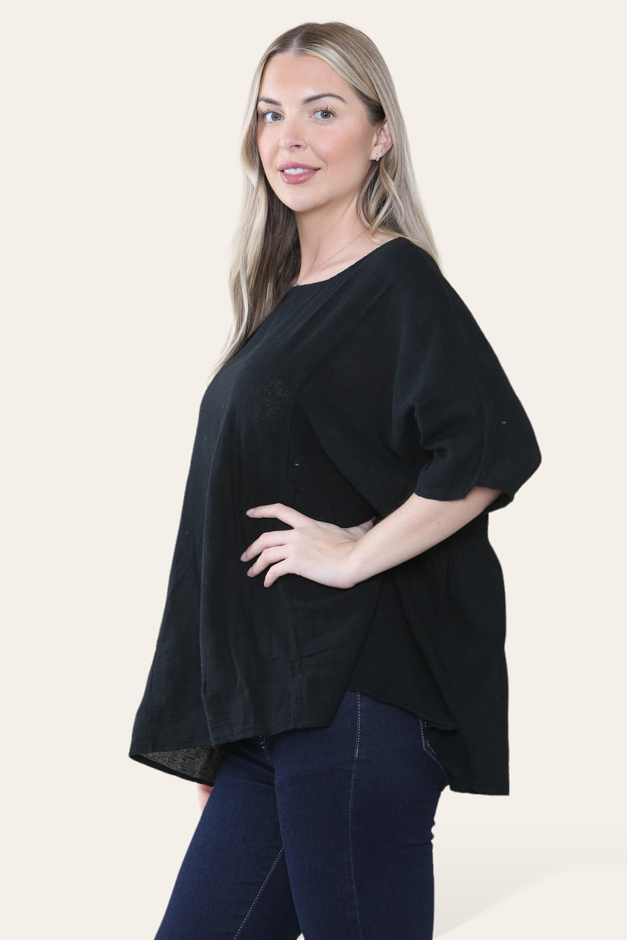 Pure Cotton Plain Basic Top with Ruched Sides