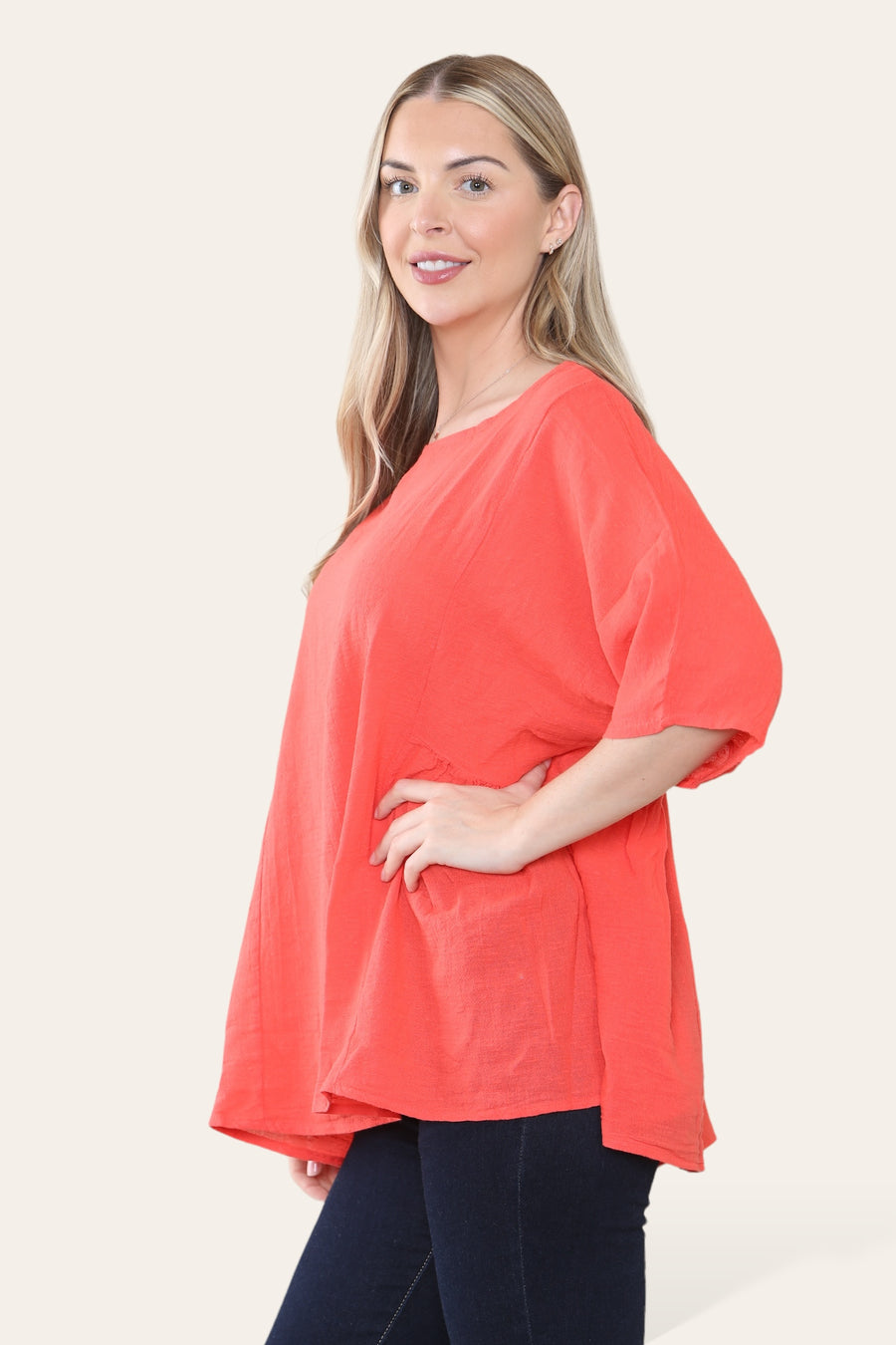 Pure Cotton Plain Basic Top with Ruched Sides