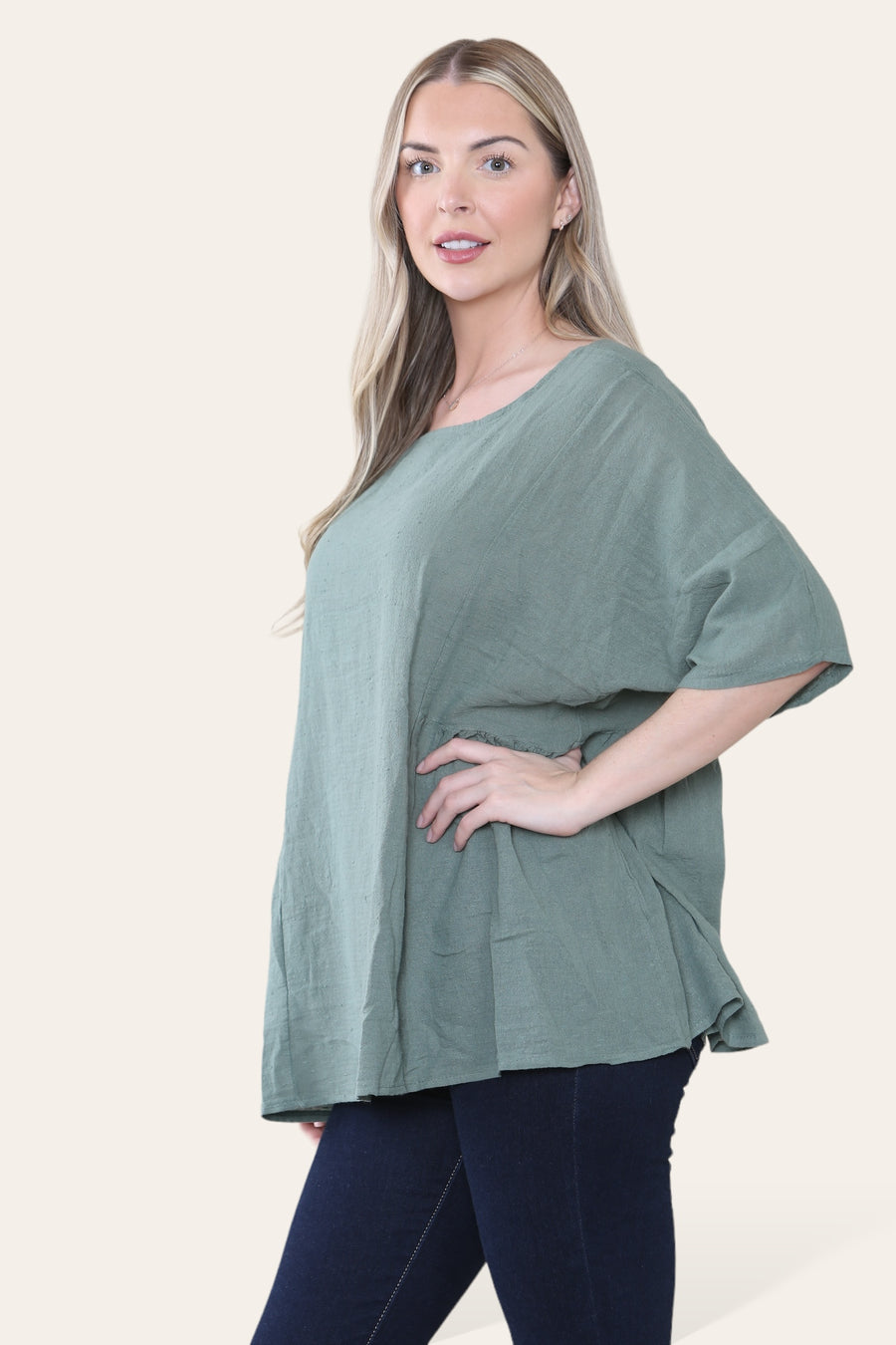 Pure Cotton Plain Basic Top with Ruched Sides