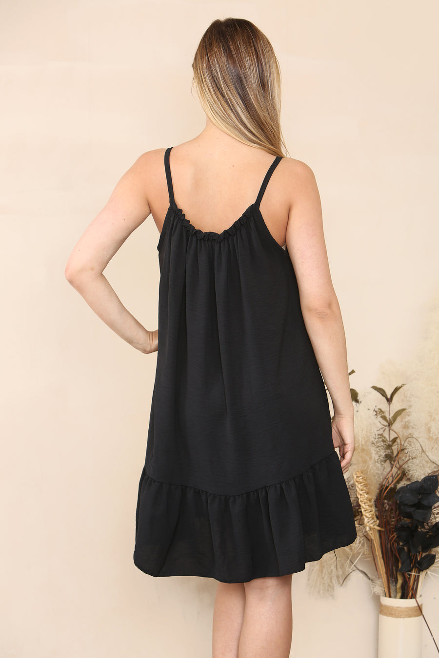 Ruched neck strap shoulder dress