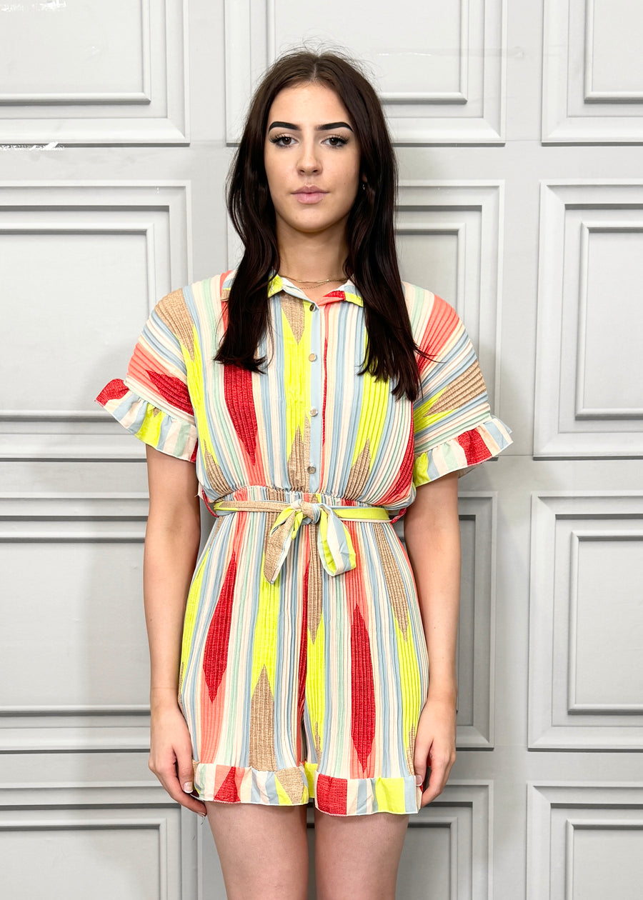 Fully Pleated Stripes Collared Playsuit with Buttons On Fron