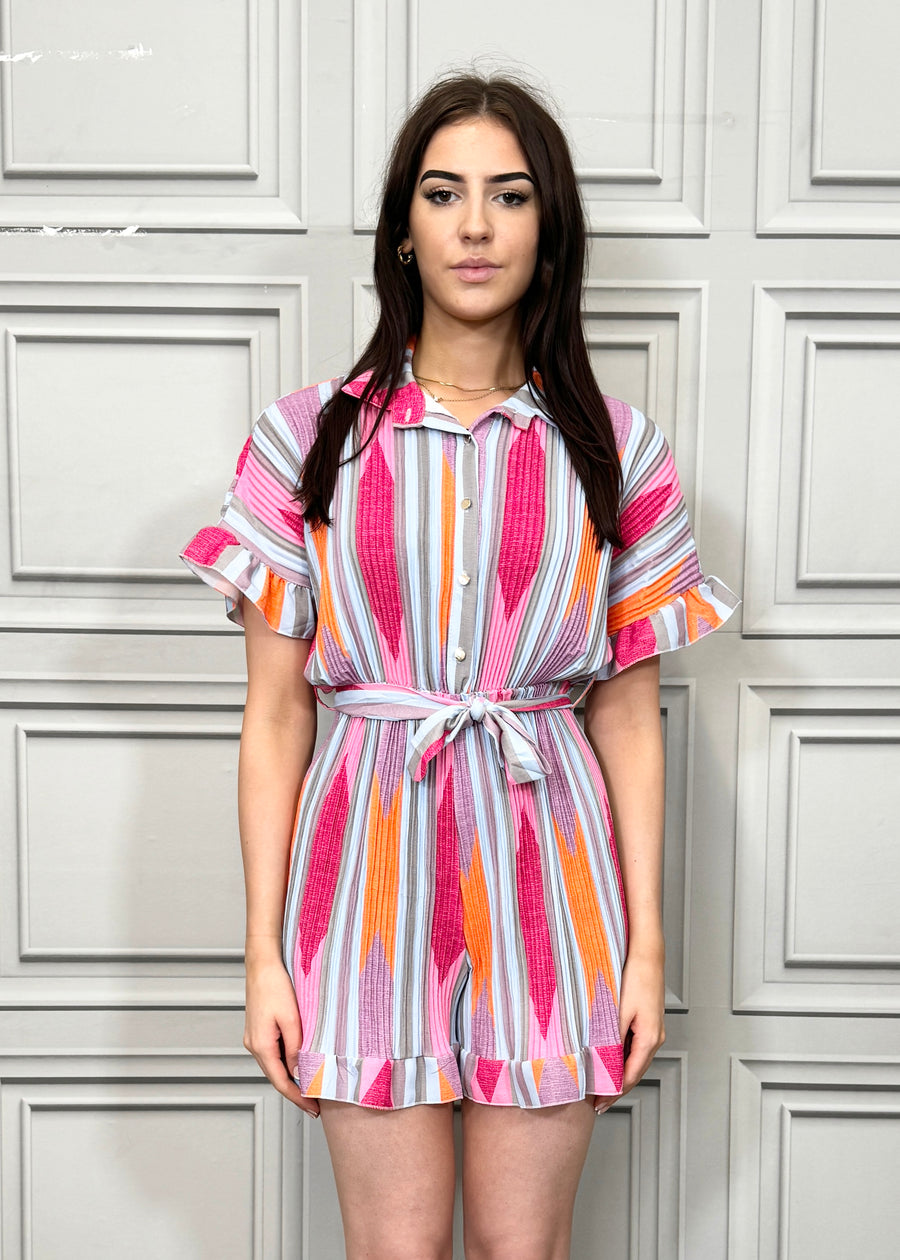 Fully Pleated Stripes Collared Playsuit with Buttons On Fron