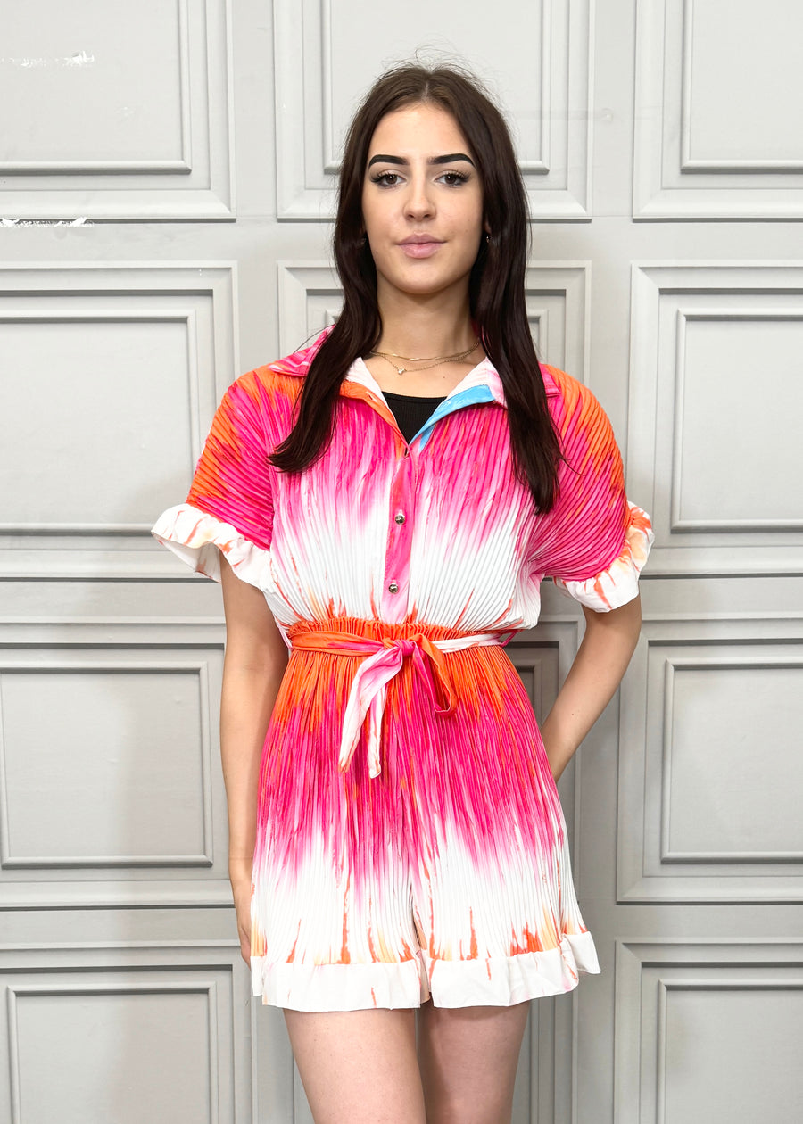 Fully Pleated Tie Dye Collared Playsuit with Buttons On Front