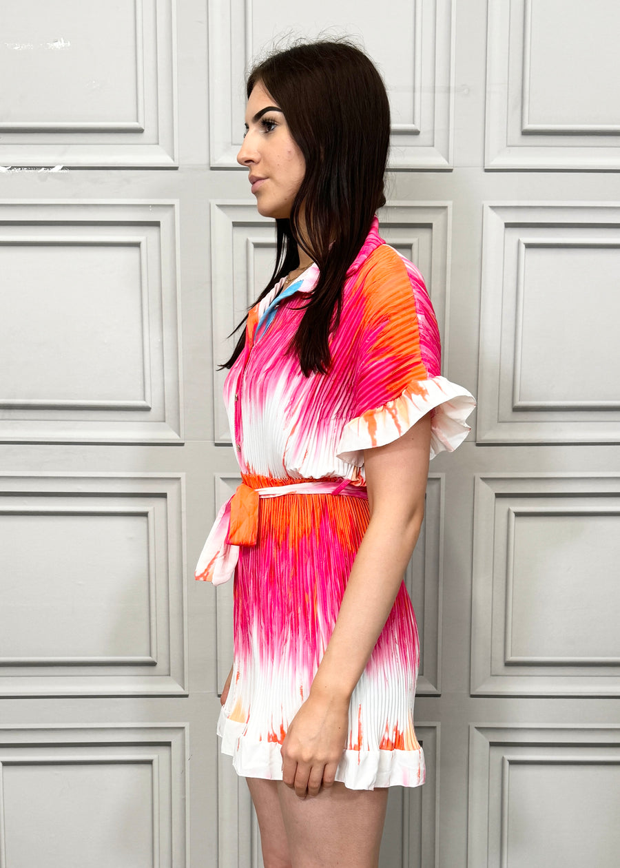 Fully Pleated Tie Dye Collared Playsuit with Buttons On Front