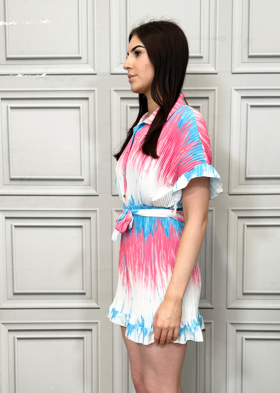 Fully Pleated Tie Dye Collared Playsuit with Buttons On Front