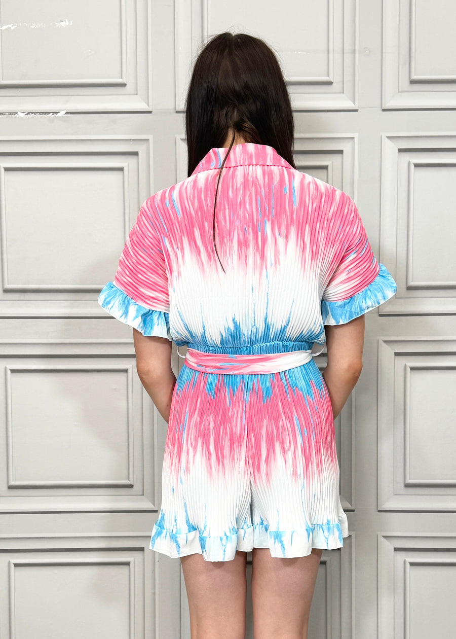 Fully Pleated Tie Dye Collared Playsuit with Buttons On Front