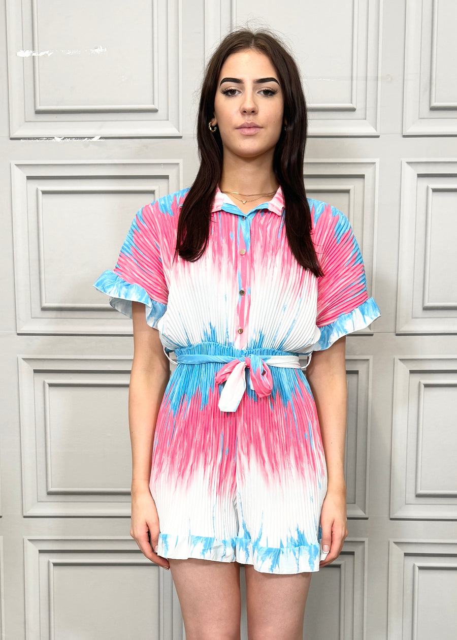 Fully Pleated Tie Dye Collared Playsuit with Buttons On Front