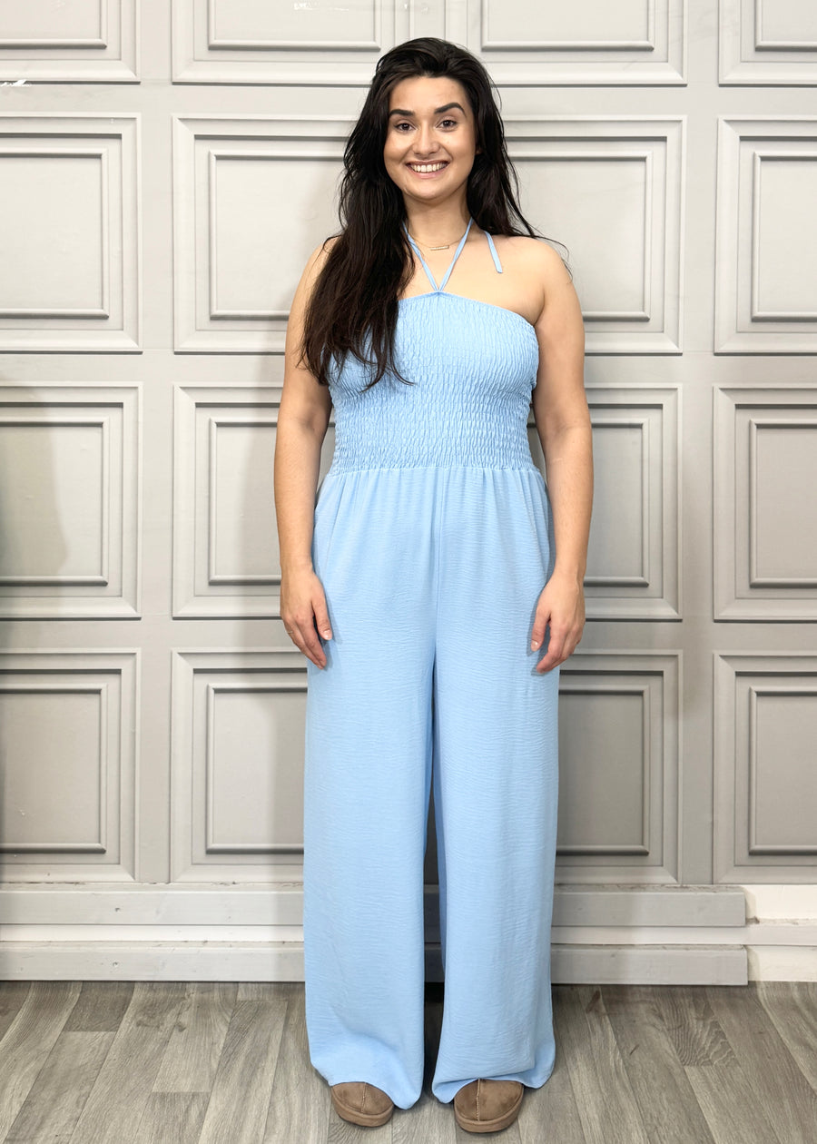 Elasticated Bust Plain Jumpsuit with Straight Wide Legs