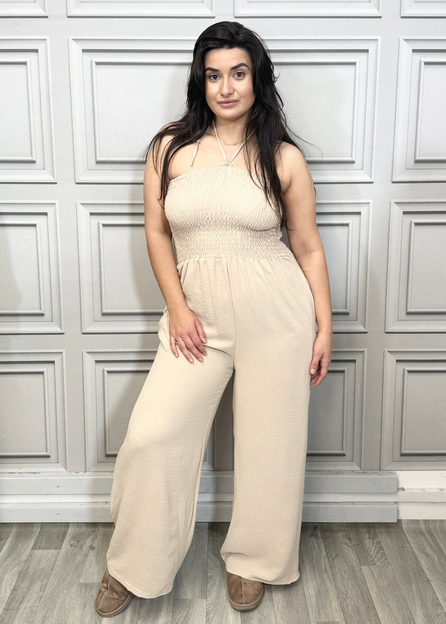 Elasticated Bust Plain Jumpsuit with Straight Wide Legs