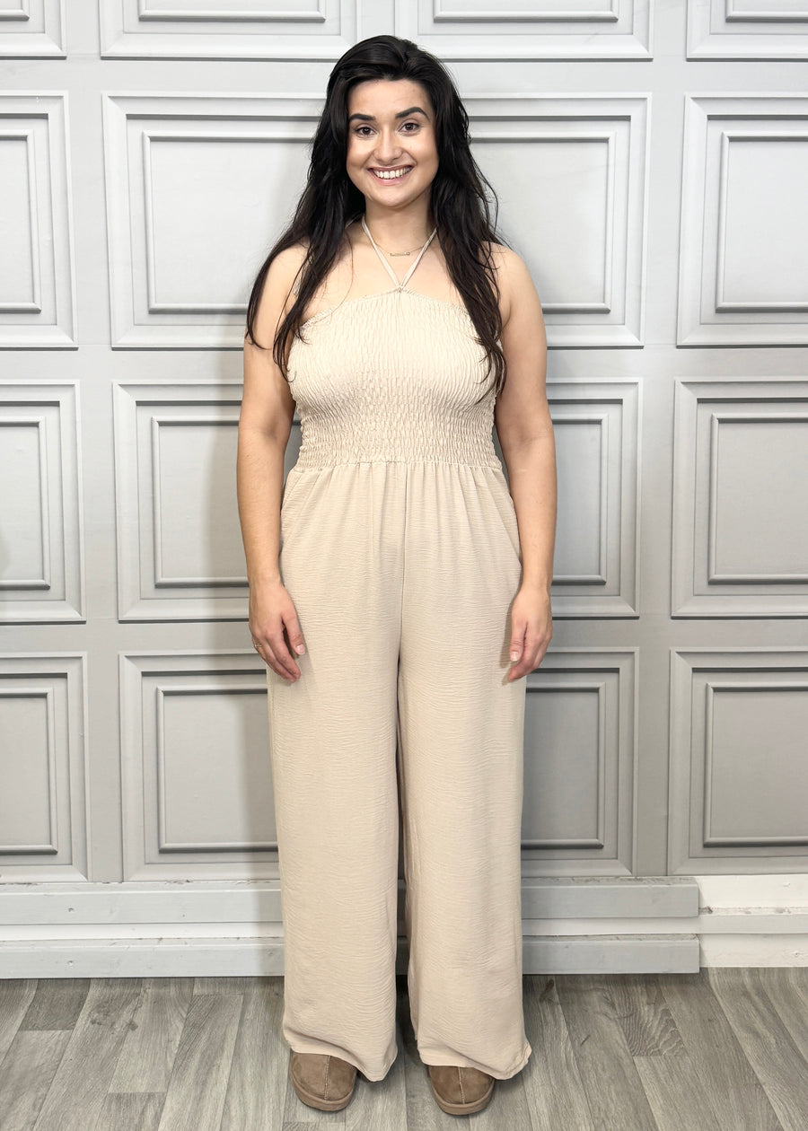 Elasticated Bust Plain Jumpsuit with Straight Wide Legs