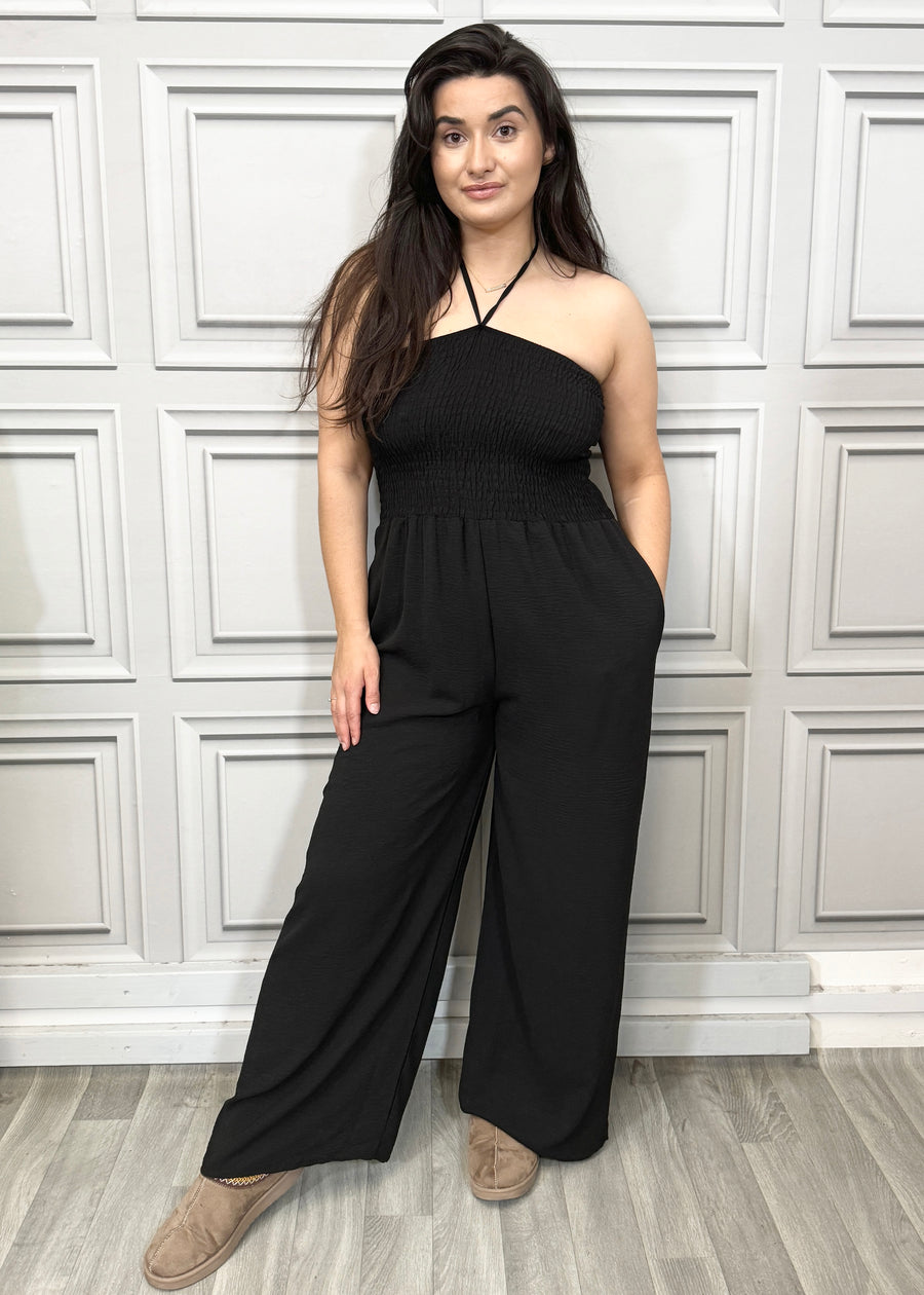 Elasticated Bust Plain Jumpsuit with Straight Wide Legs