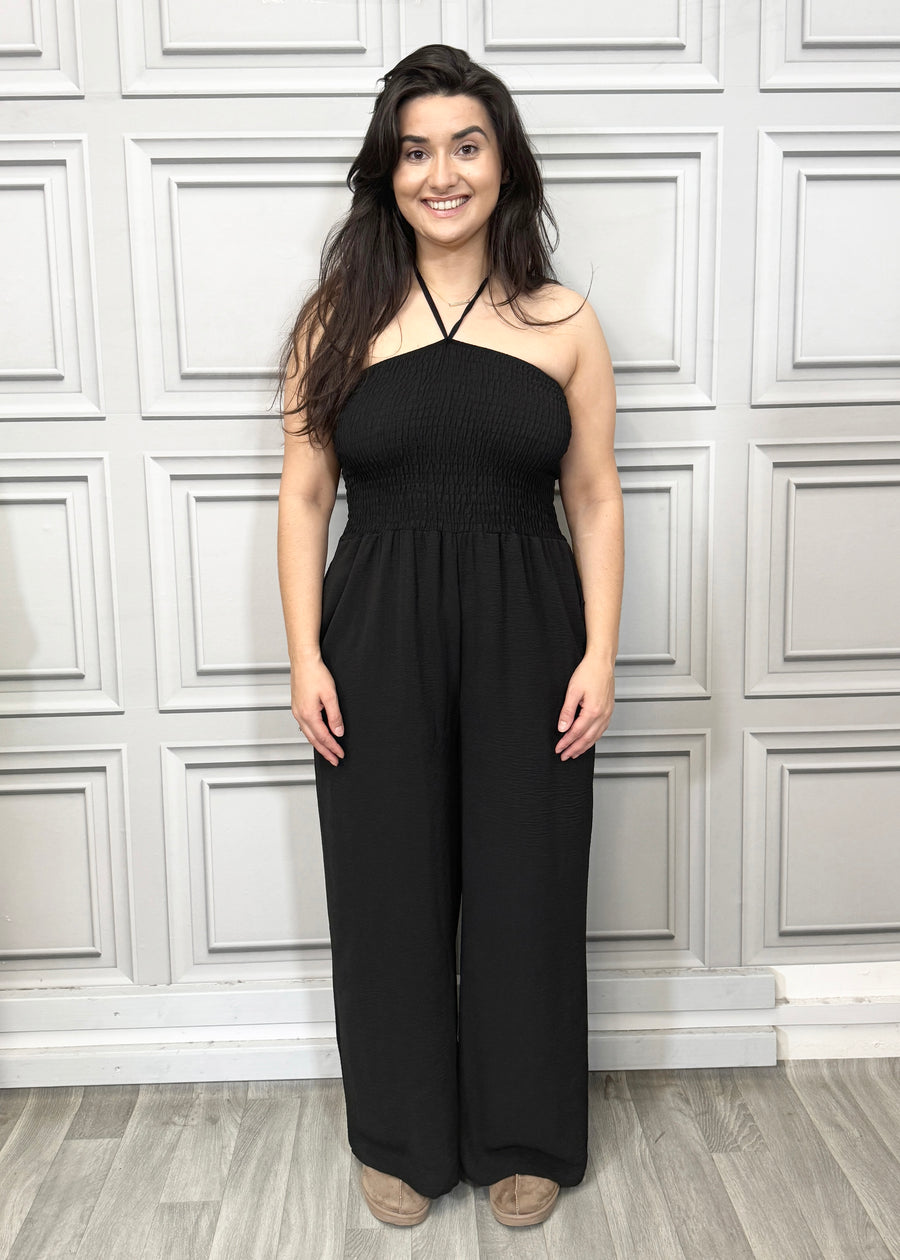 Elasticated Bust Plain Jumpsuit with Straight Wide Legs