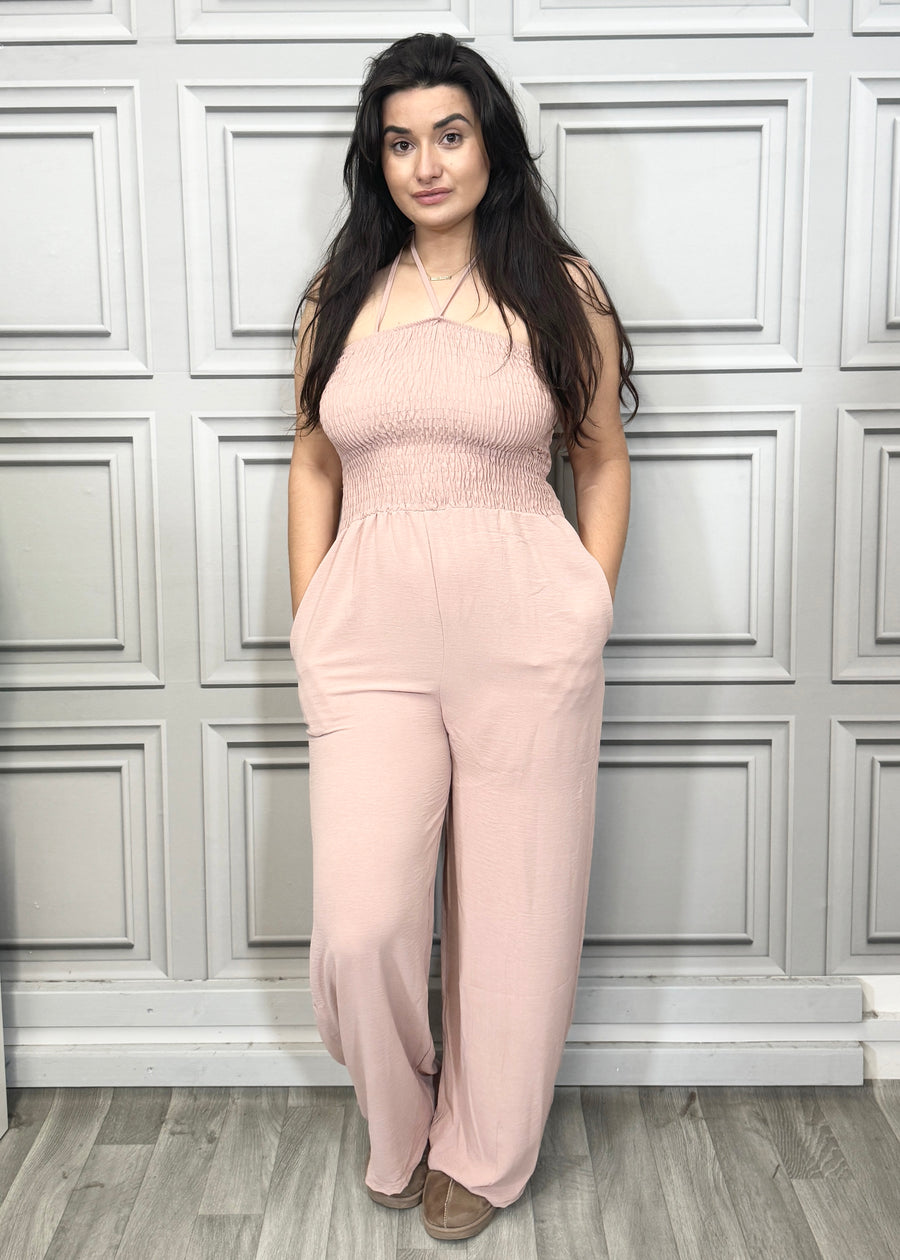 Elasticated Bust Plain Jumpsuit with Straight Wide Legs