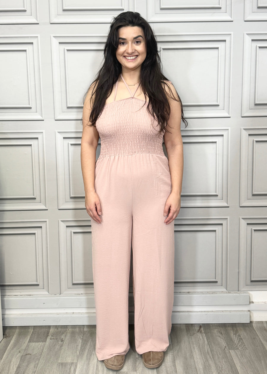 Elasticated Bust Plain Jumpsuit with Straight Wide Legs