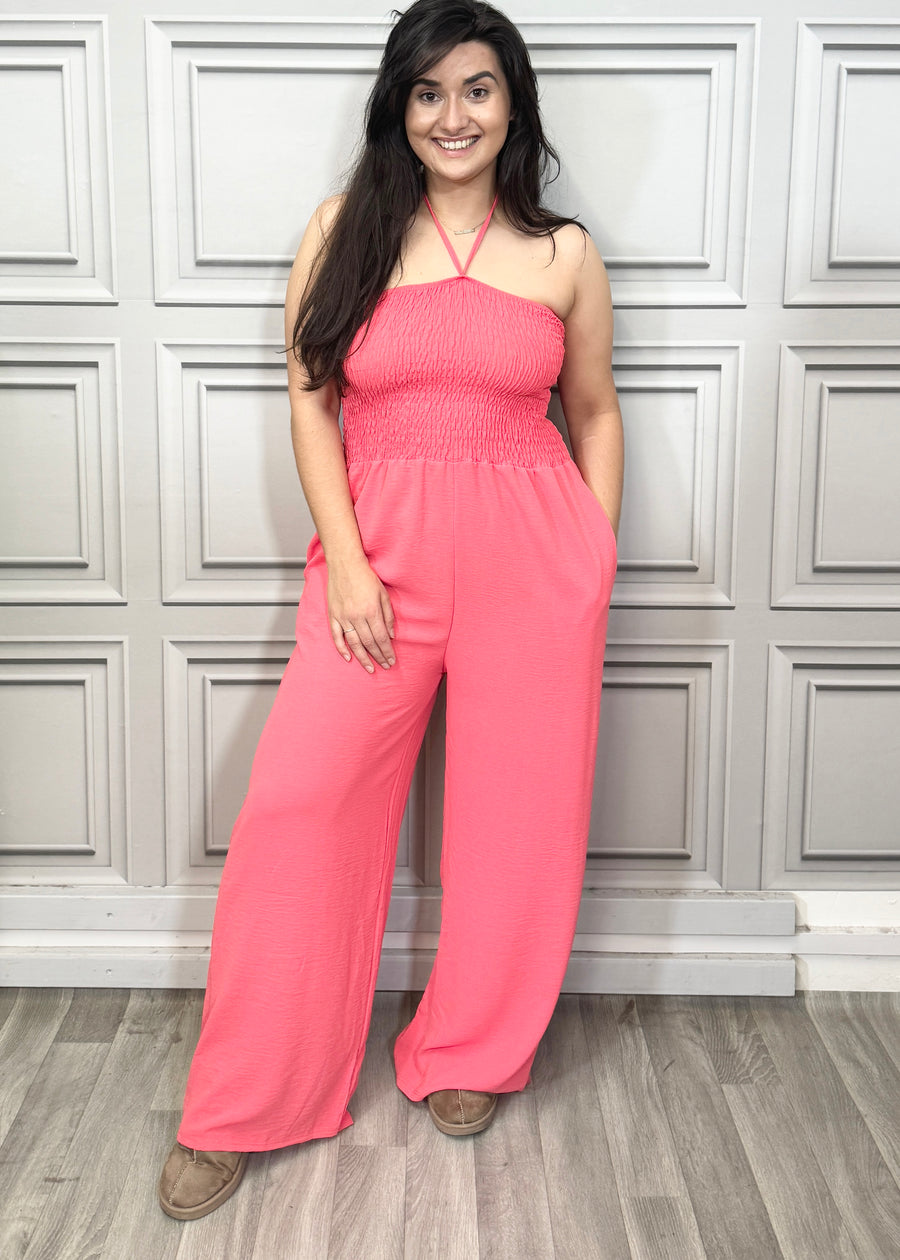 Elasticated Bust Plain Jumpsuit with Straight Wide Legs