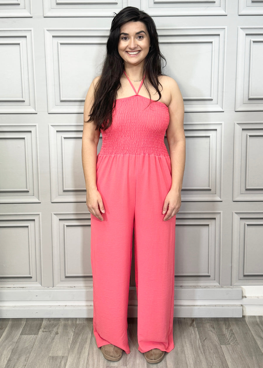 Elasticated Bust Plain Jumpsuit with Straight Wide Legs