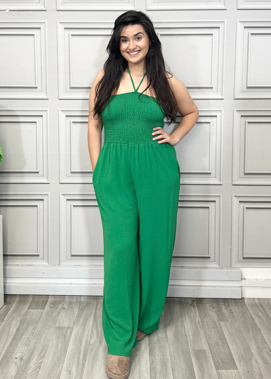 Elasticated Bust Plain Jumpsuit with Straight Wide Legs