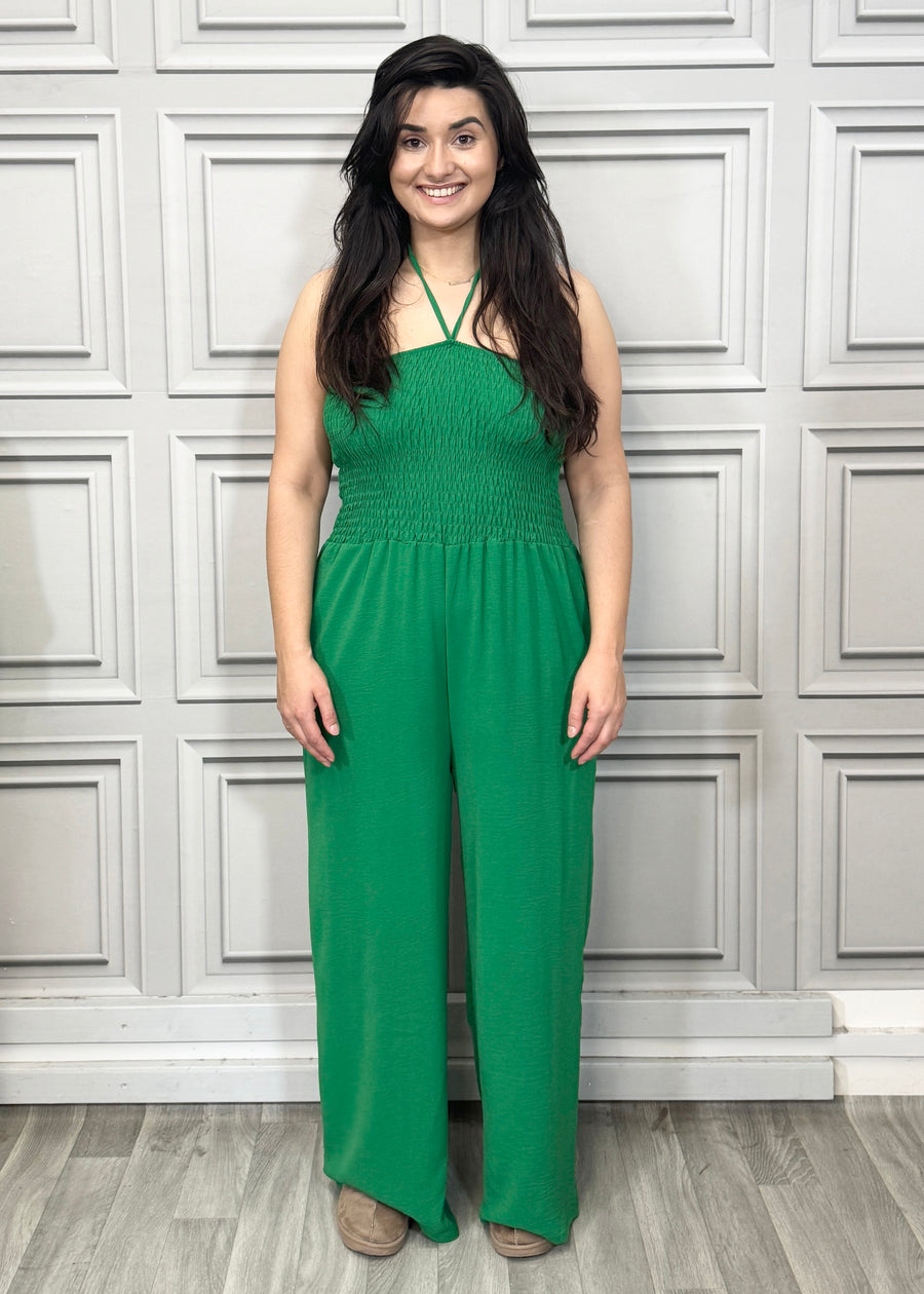 Elasticated Bust Plain Jumpsuit with Straight Wide Legs